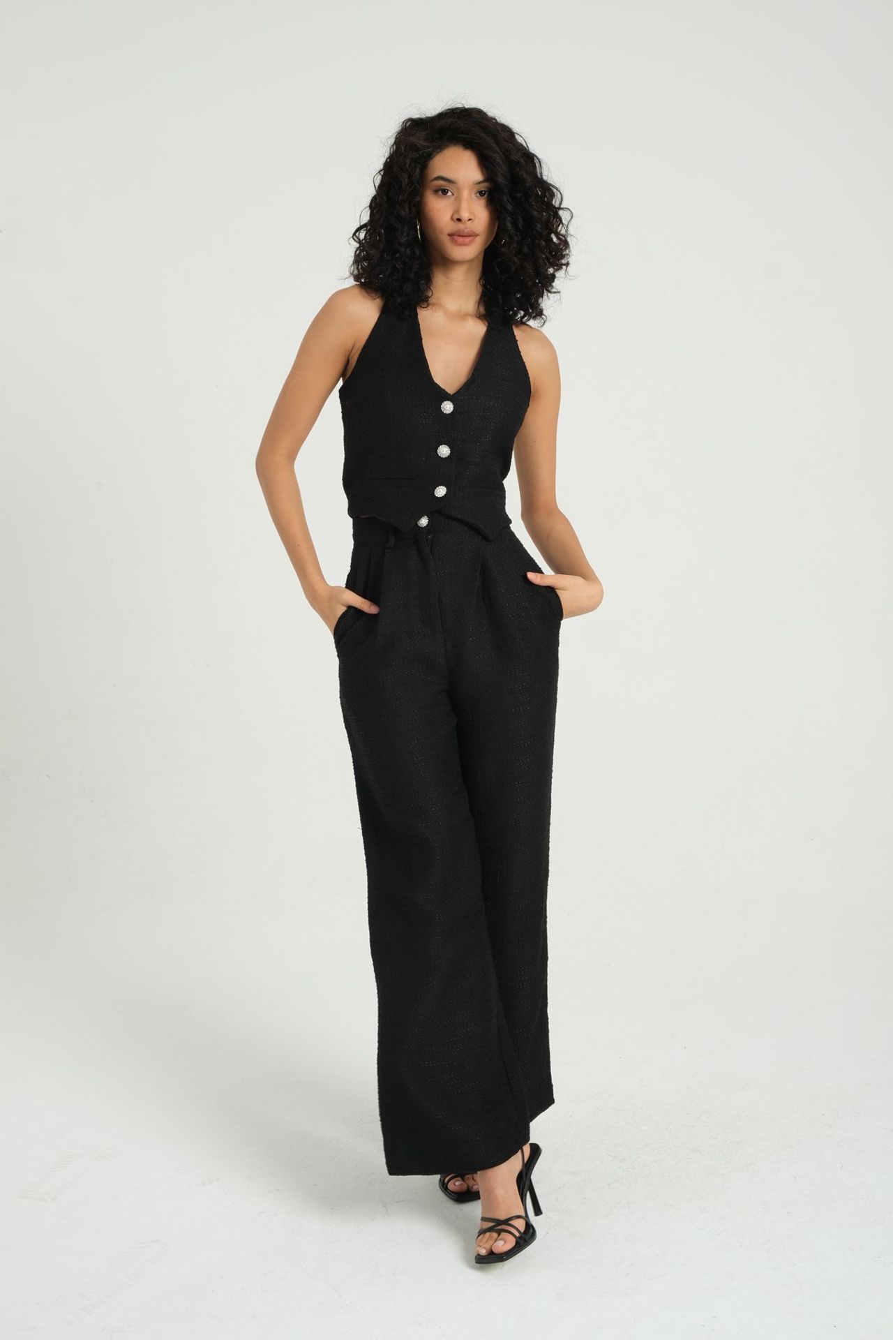 V Neck Tweed Buttoned Waistcoat 