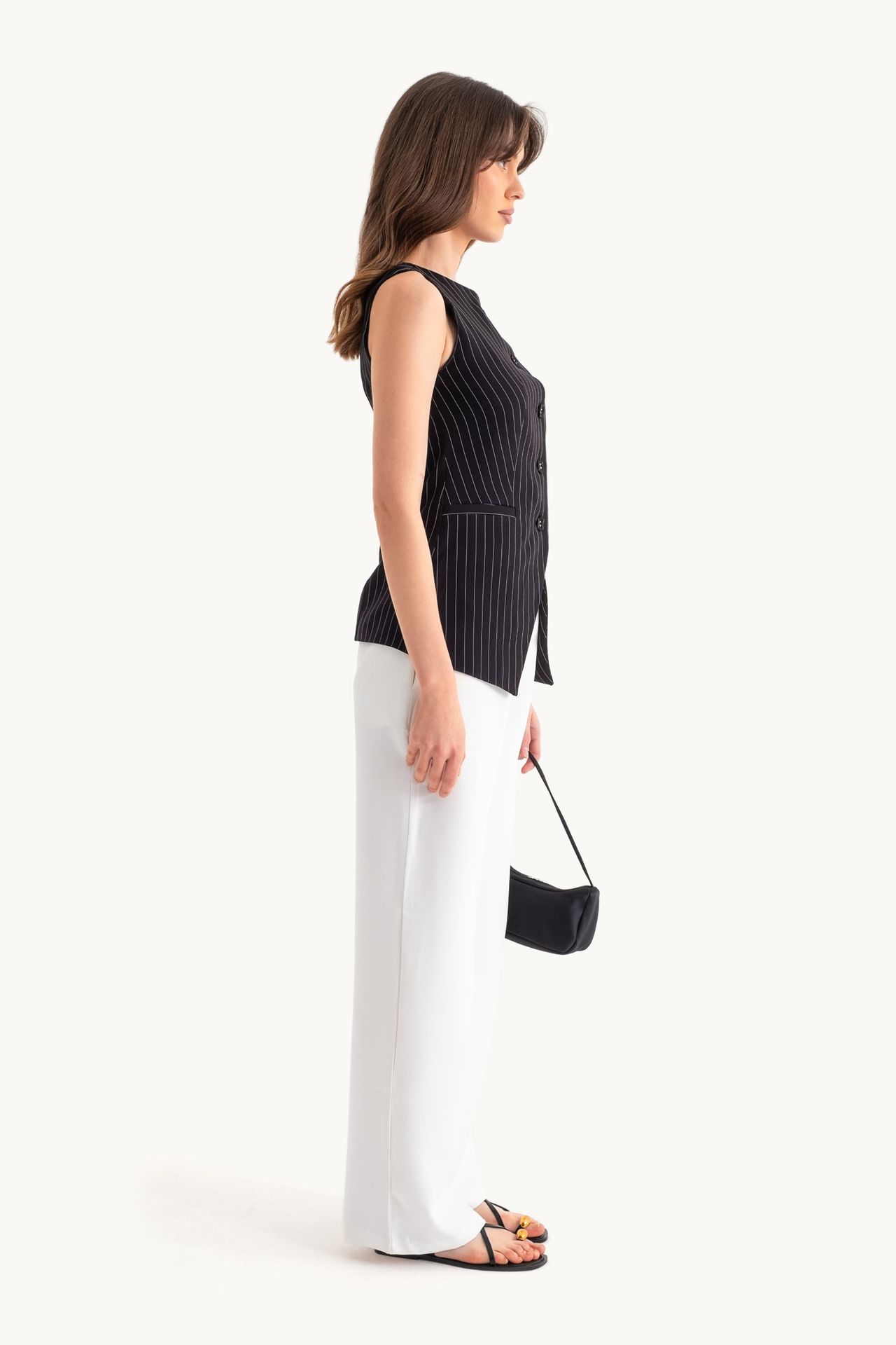 Striped Round Neck Buttoned Waistcoat