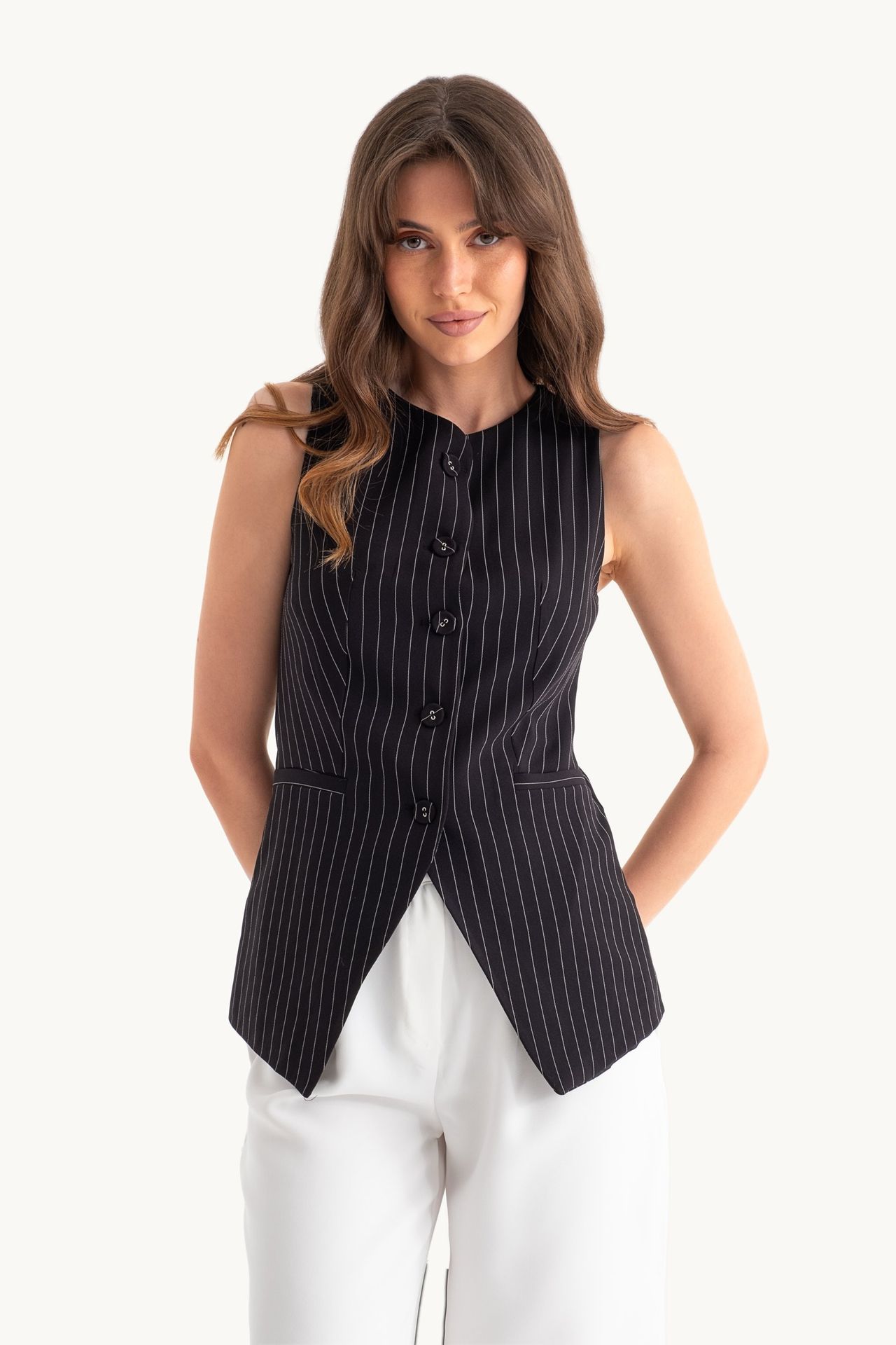 Striped Round Neck Buttoned Waistcoat