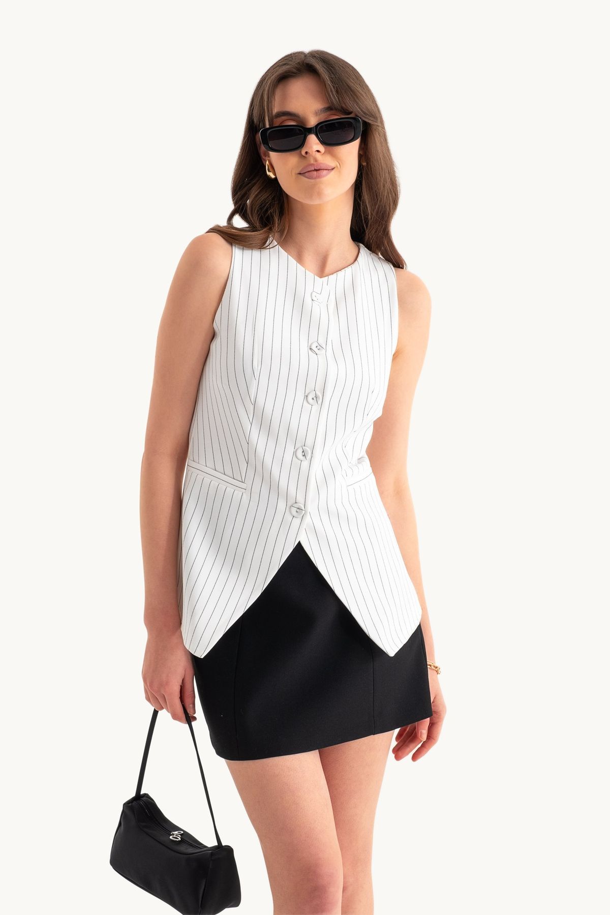 Striped Round Neck Buttoned Waistcoat