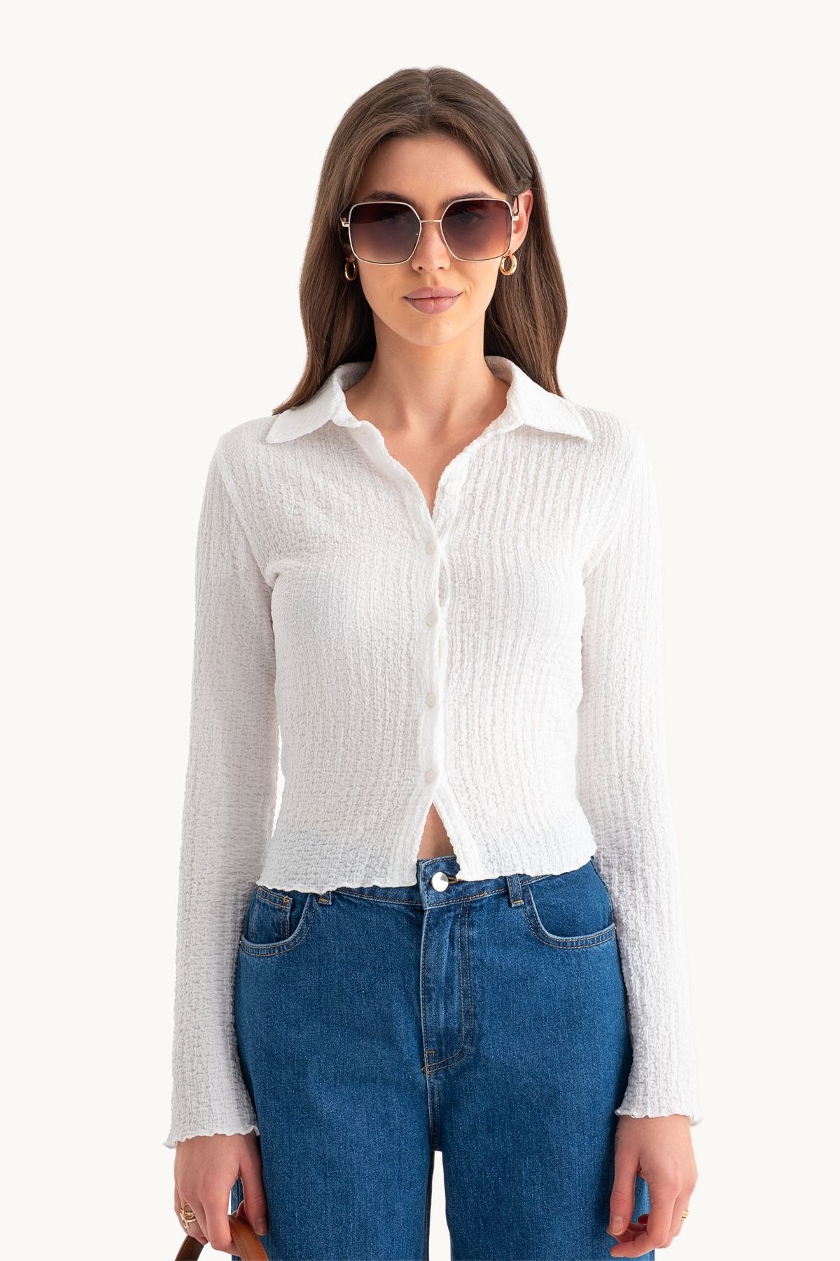 Polo Neck Buttoned Long Sleeve Top