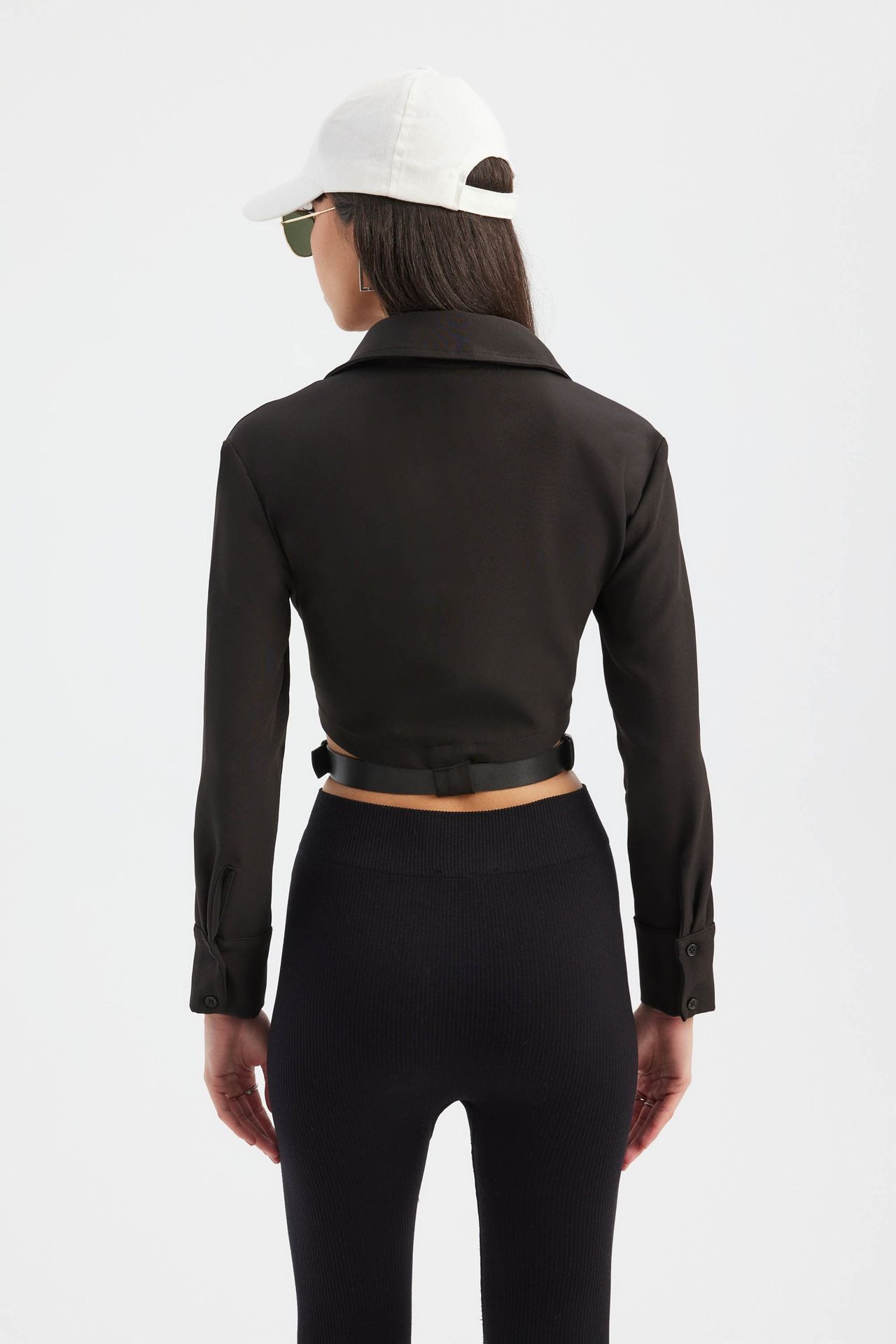 High Neck Pocket Cropped Shirt with a Belt Detail