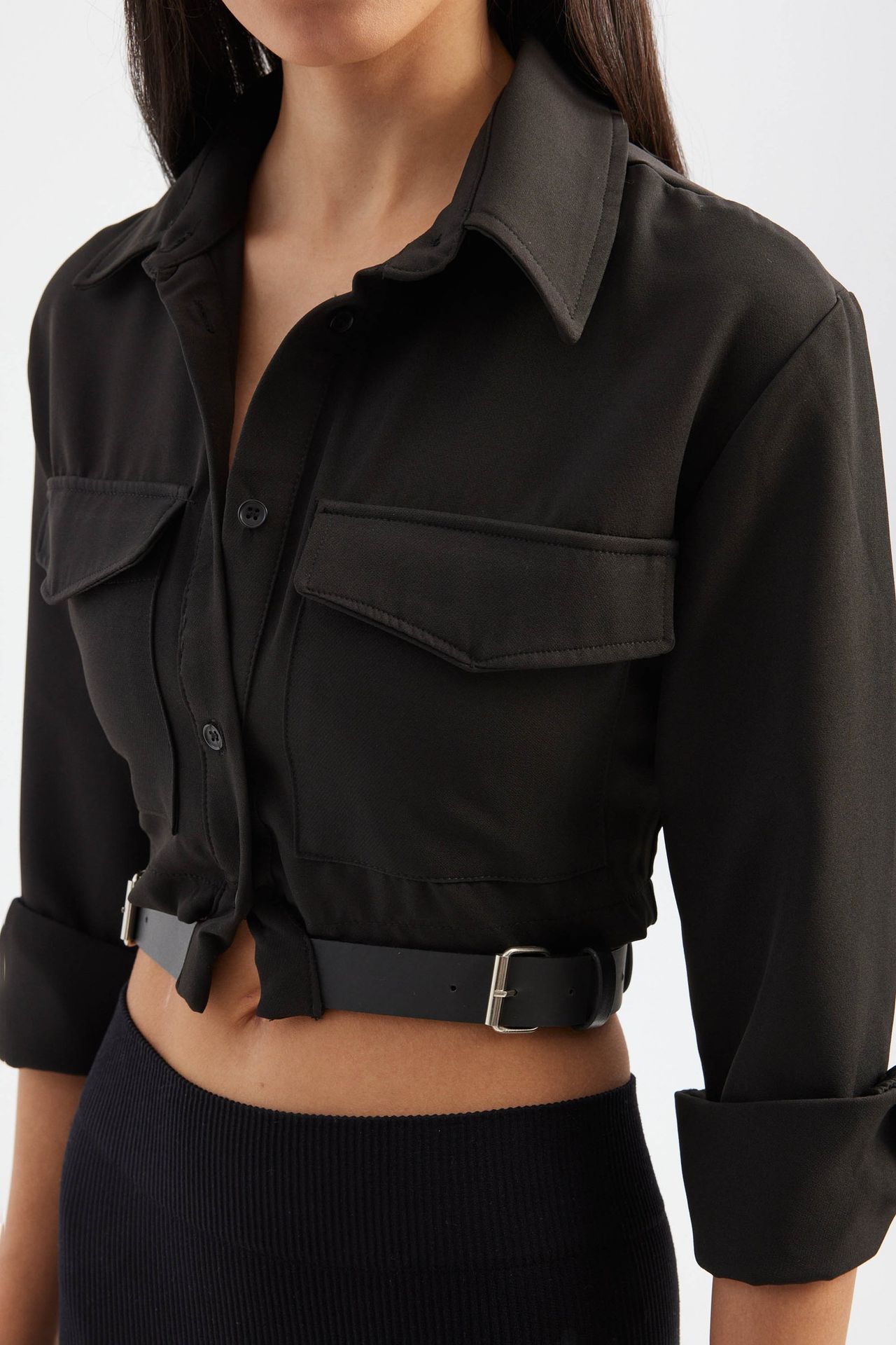 High Neck Pocket Cropped Shirt with a Belt Detail