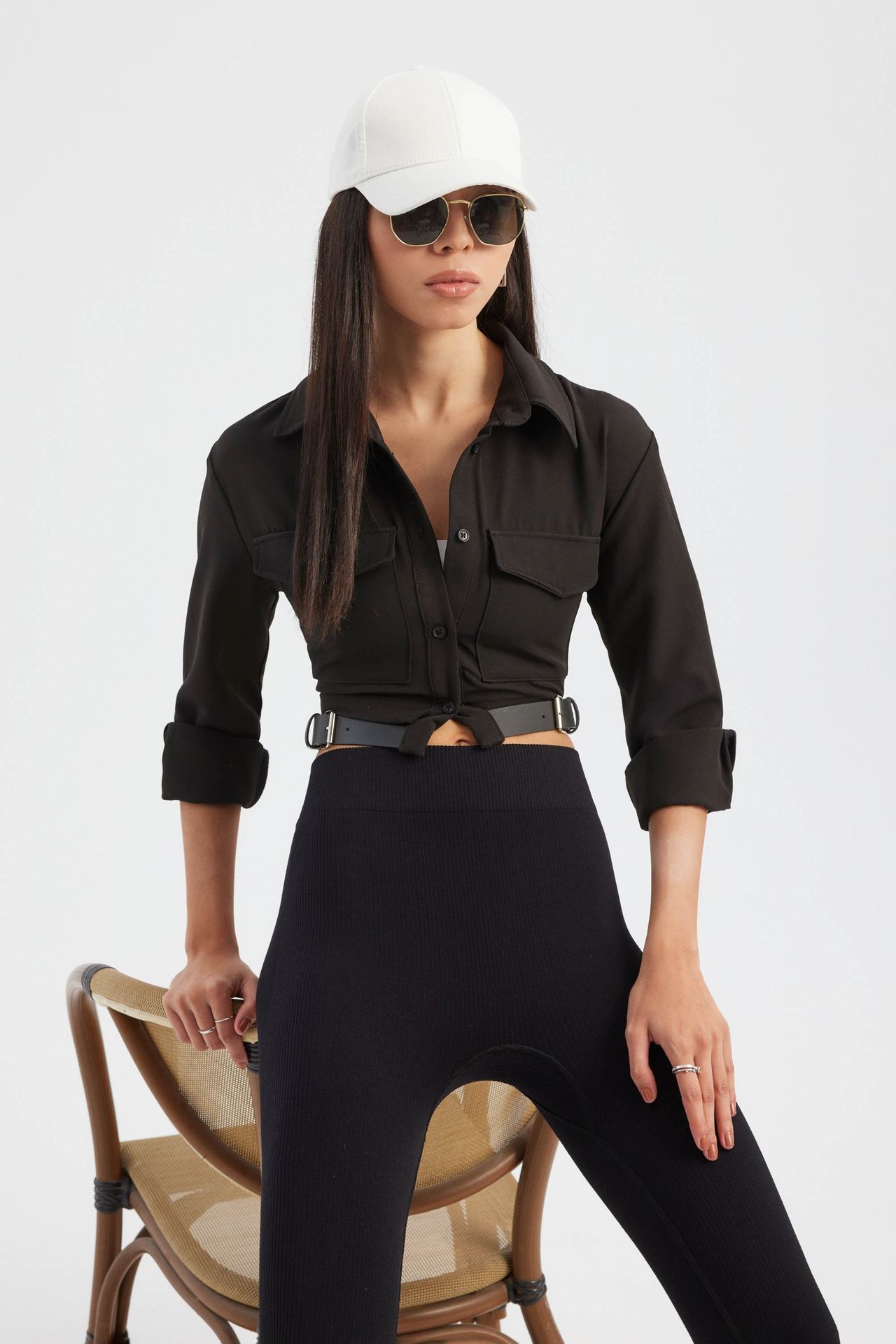 High Neck Pocket Cropped Shirt with a Belt Detail