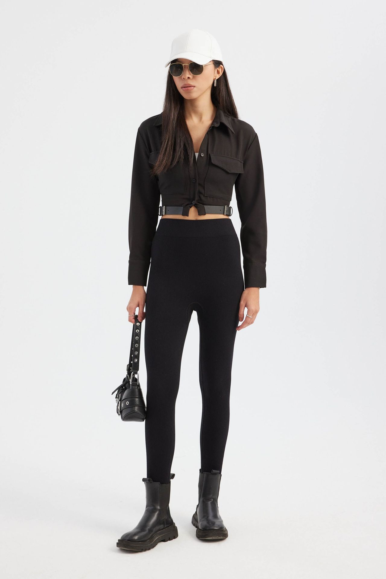 High Neck Pocket Cropped Shirt with a Belt Detail