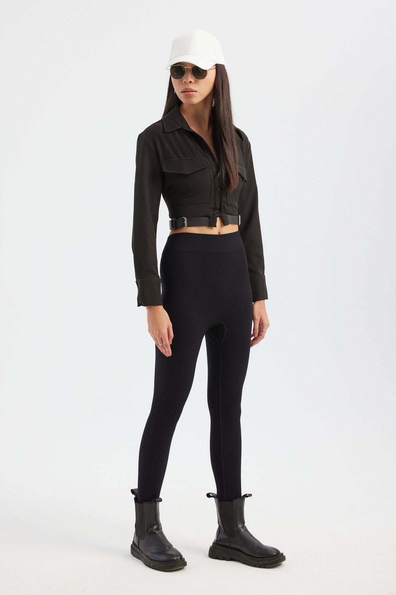 High Neck Pocket Cropped Shirt with a Belt Detail