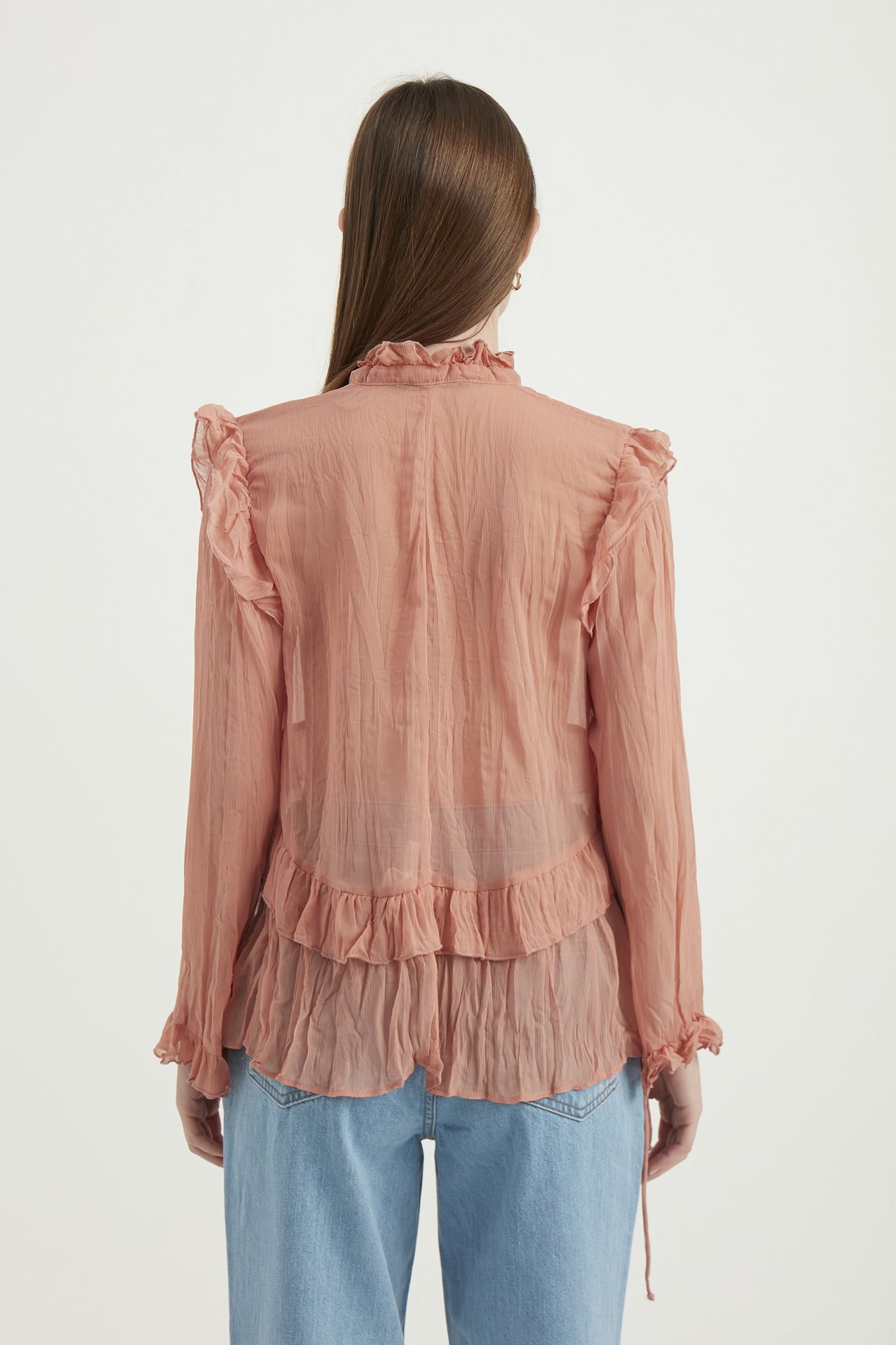 High Neck Ruffled Tiered Vintage Blouse with a Drawstring