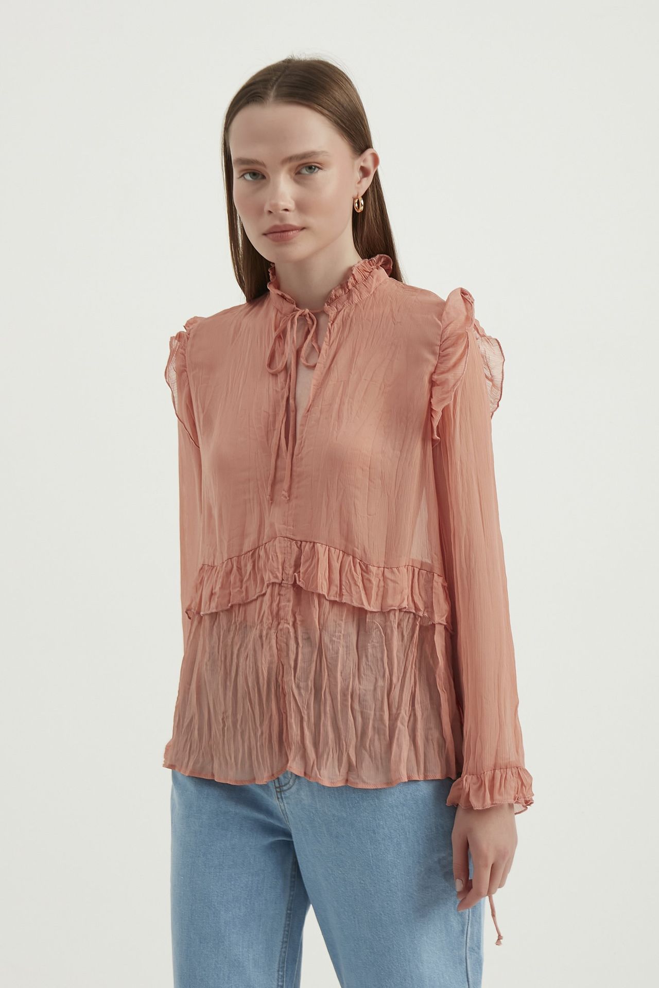 High Neck Ruffled Tiered Vintage Blouse with a Drawstring