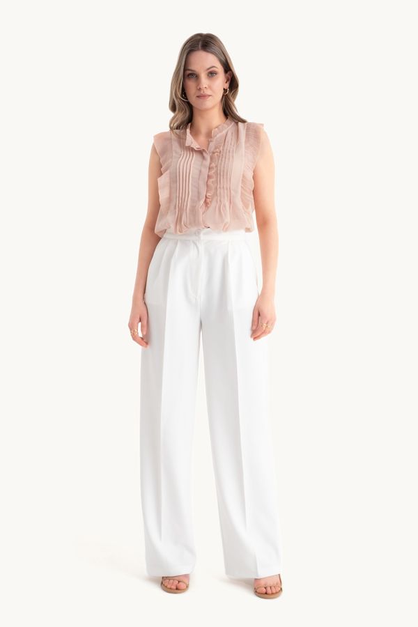 Round Neck Ruffle Textured Sleeveless Vintage Blouse with Button 3
