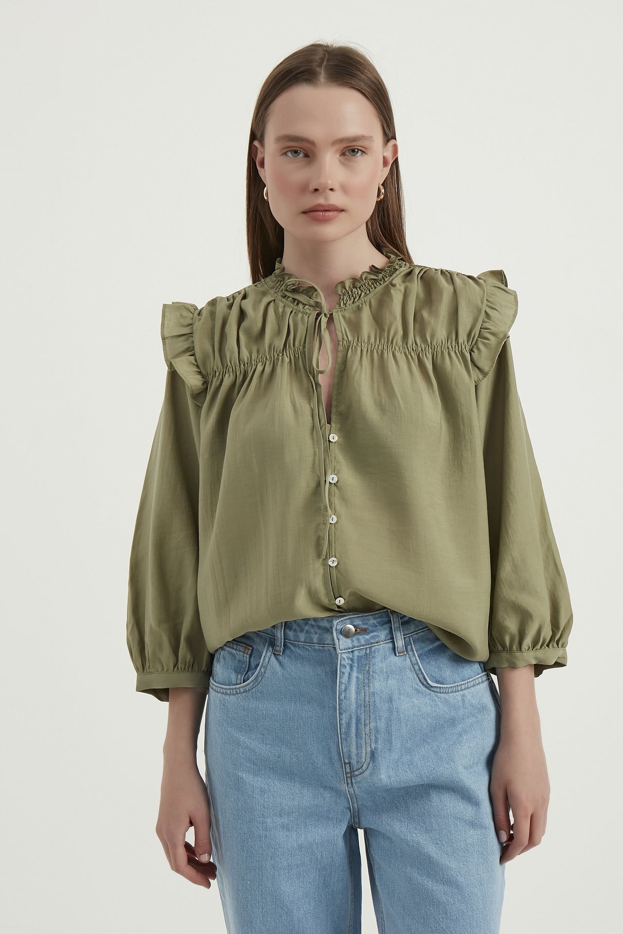 High Neck Drawstring Ruffle Vintage Shirt