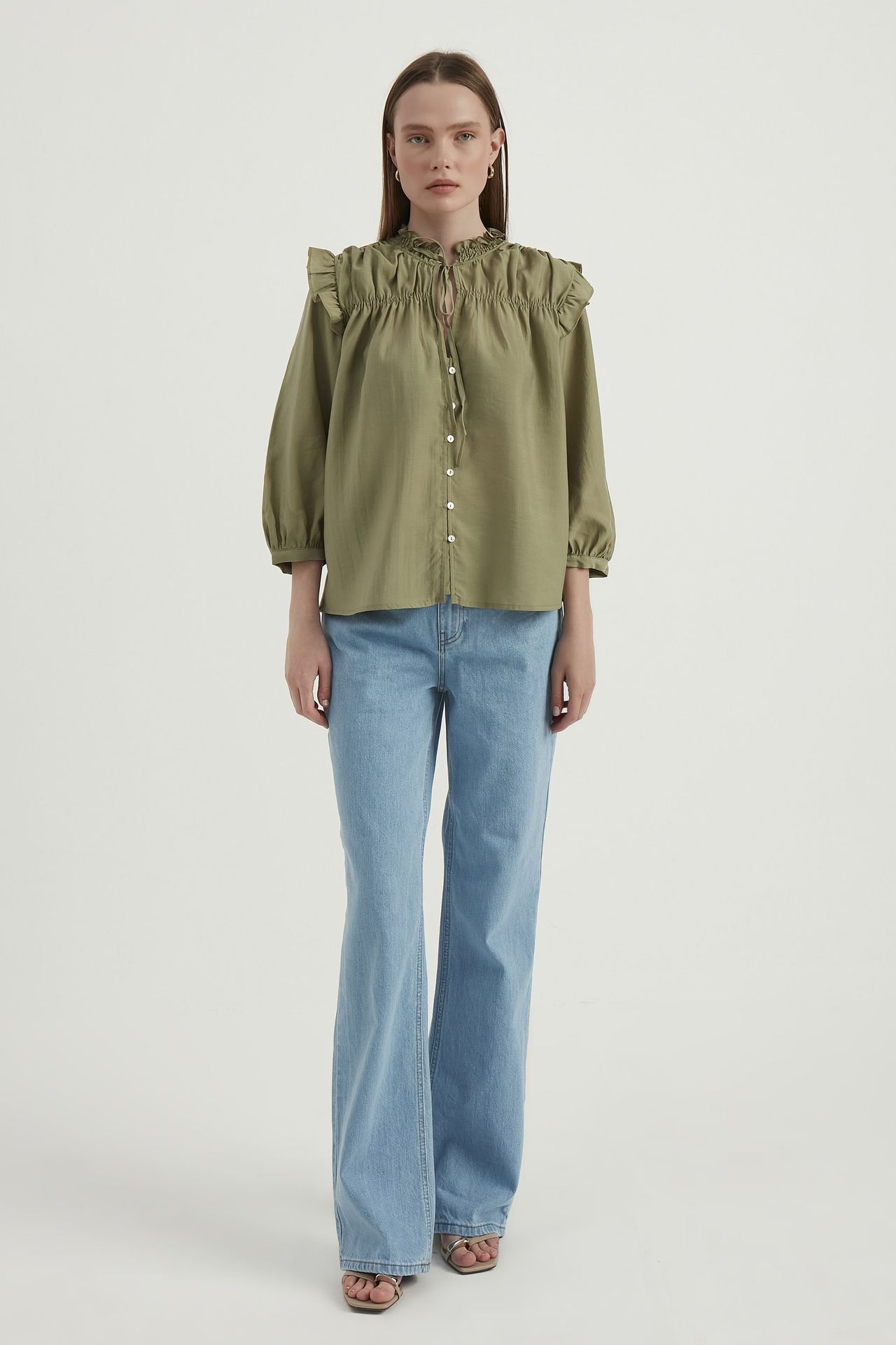 High Neck Drawstring Ruffle Vintage Shirt