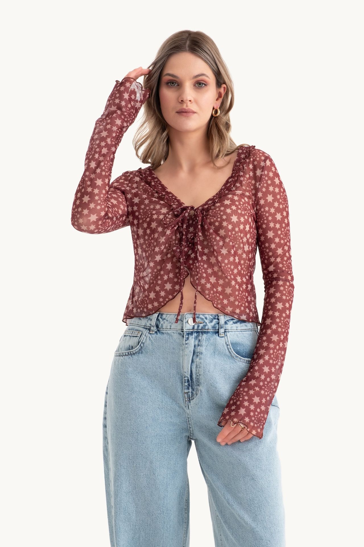 Star Patterned V Neck Sheer Long Sleeve Cropped Top