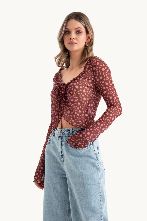 Star Patterned V Neck Sheer Long Sleeve Cropped Top 2