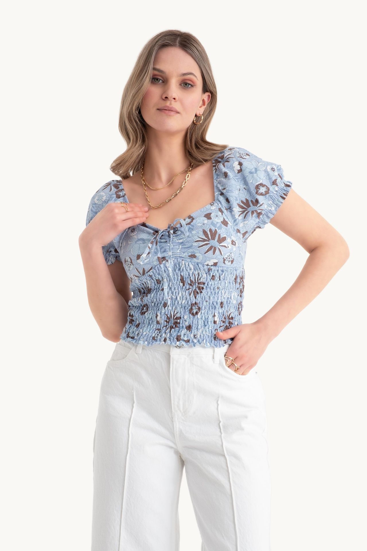 Floral Sweetheart Neck Smocked Top with a Puff Sleeve