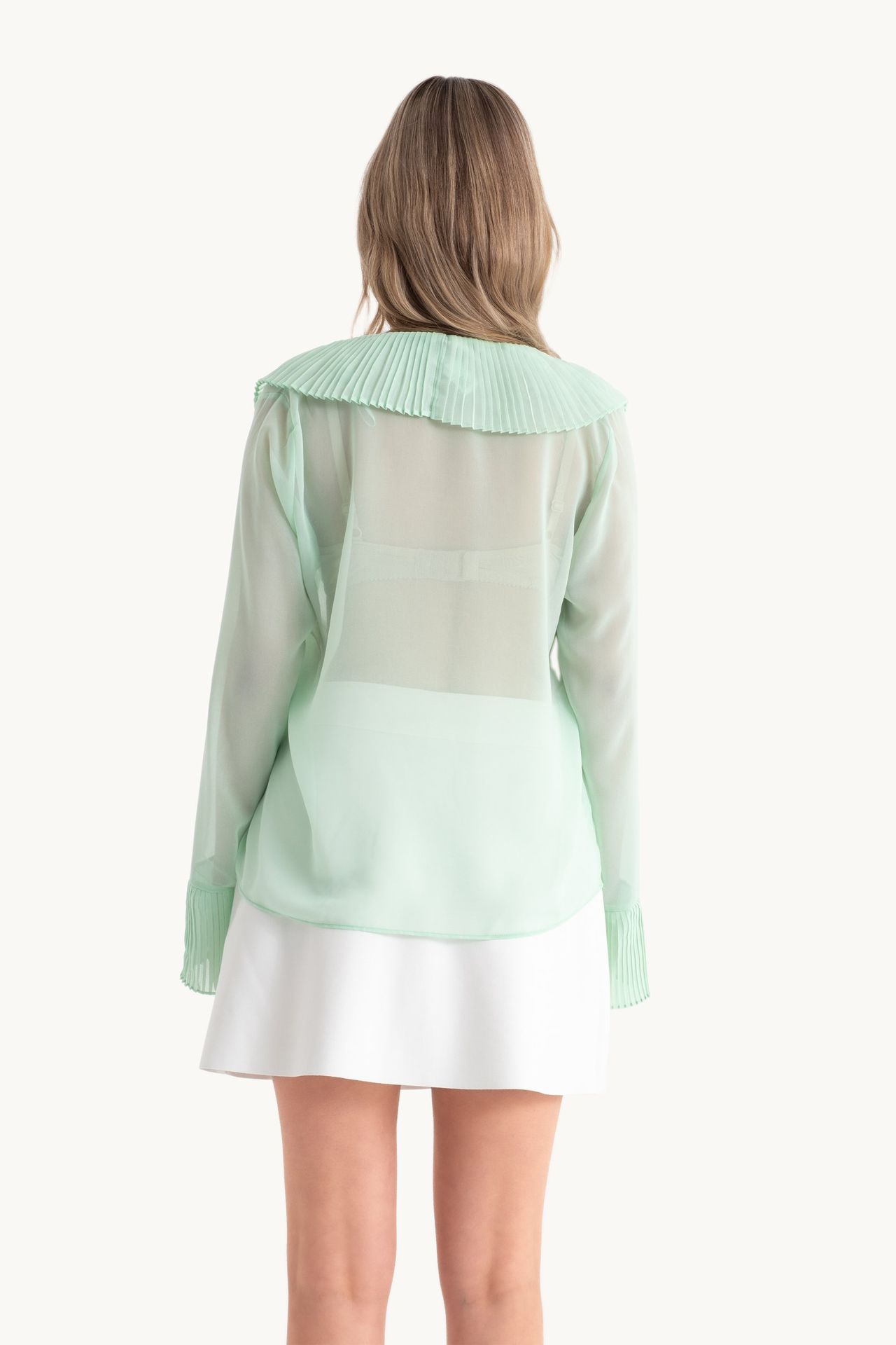 V Neck Buttoned Bell Sleeves Mesh Blouse