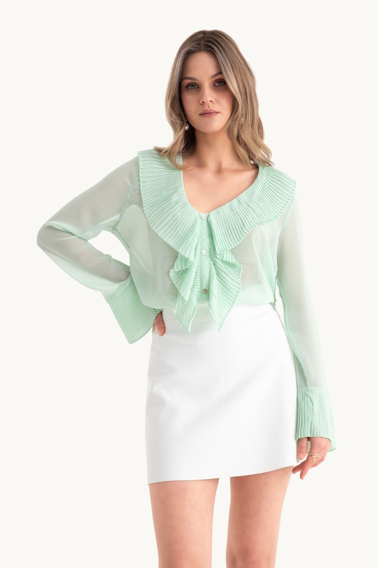 V Neck Buttoned Bell Sleeves Mesh Blouse