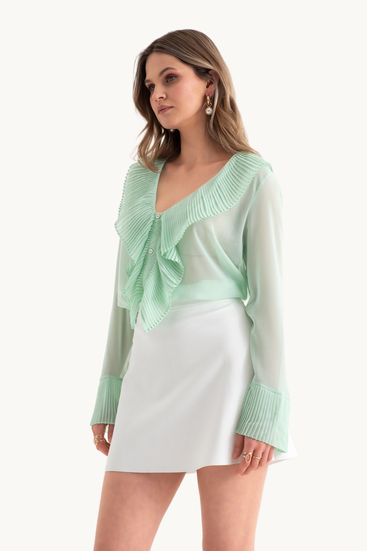 V Neck Buttoned Bell Sleeves Mesh Blouse