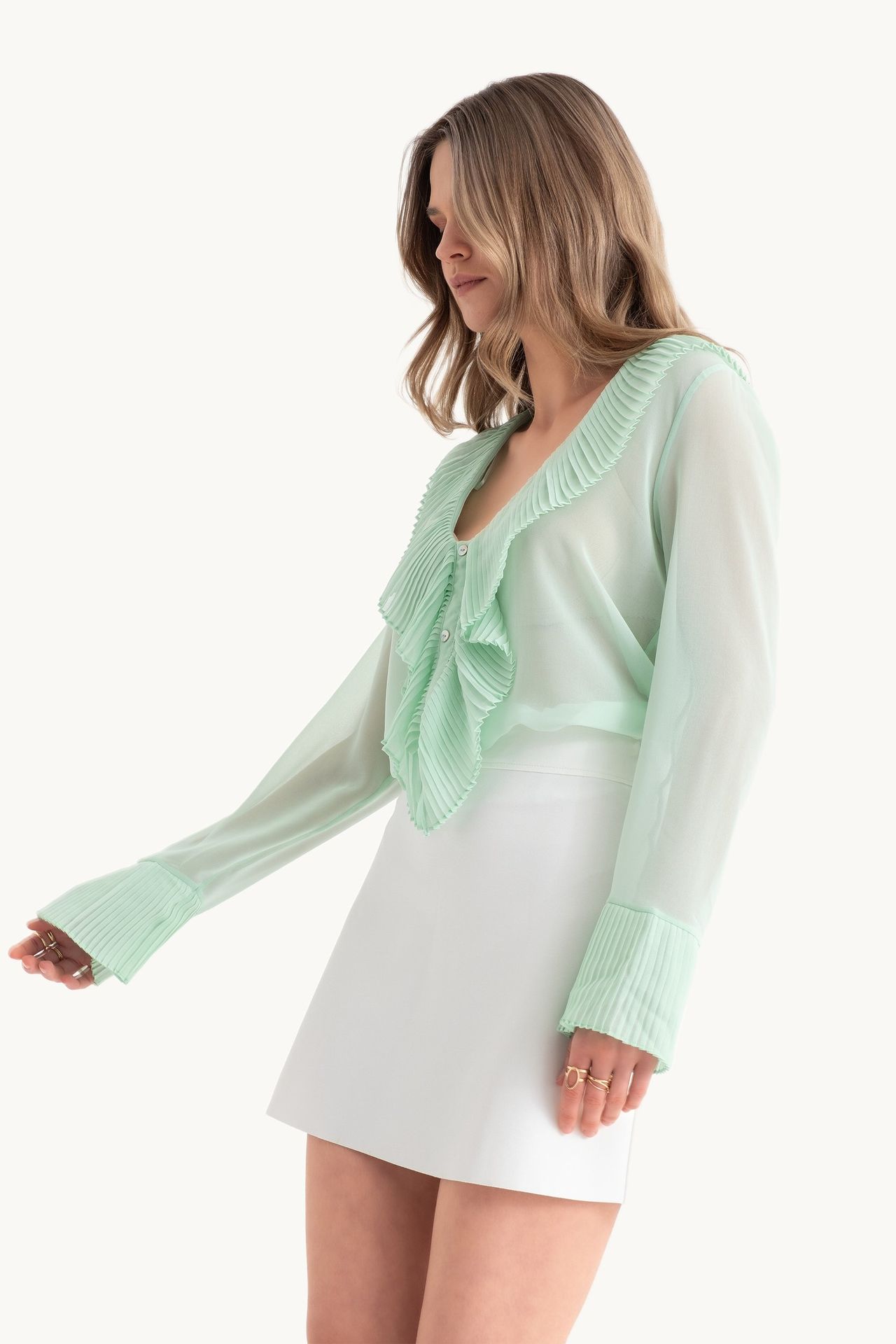 V Neck Buttoned Bell Sleeves Mesh Blouse