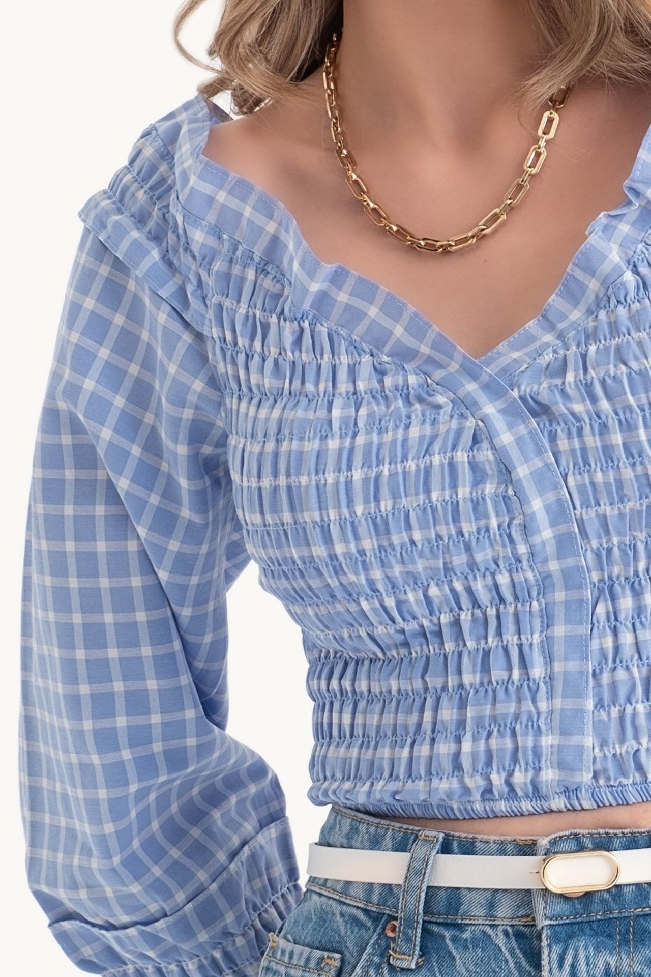 Checked V Neck Smocked Long Sleeve Top