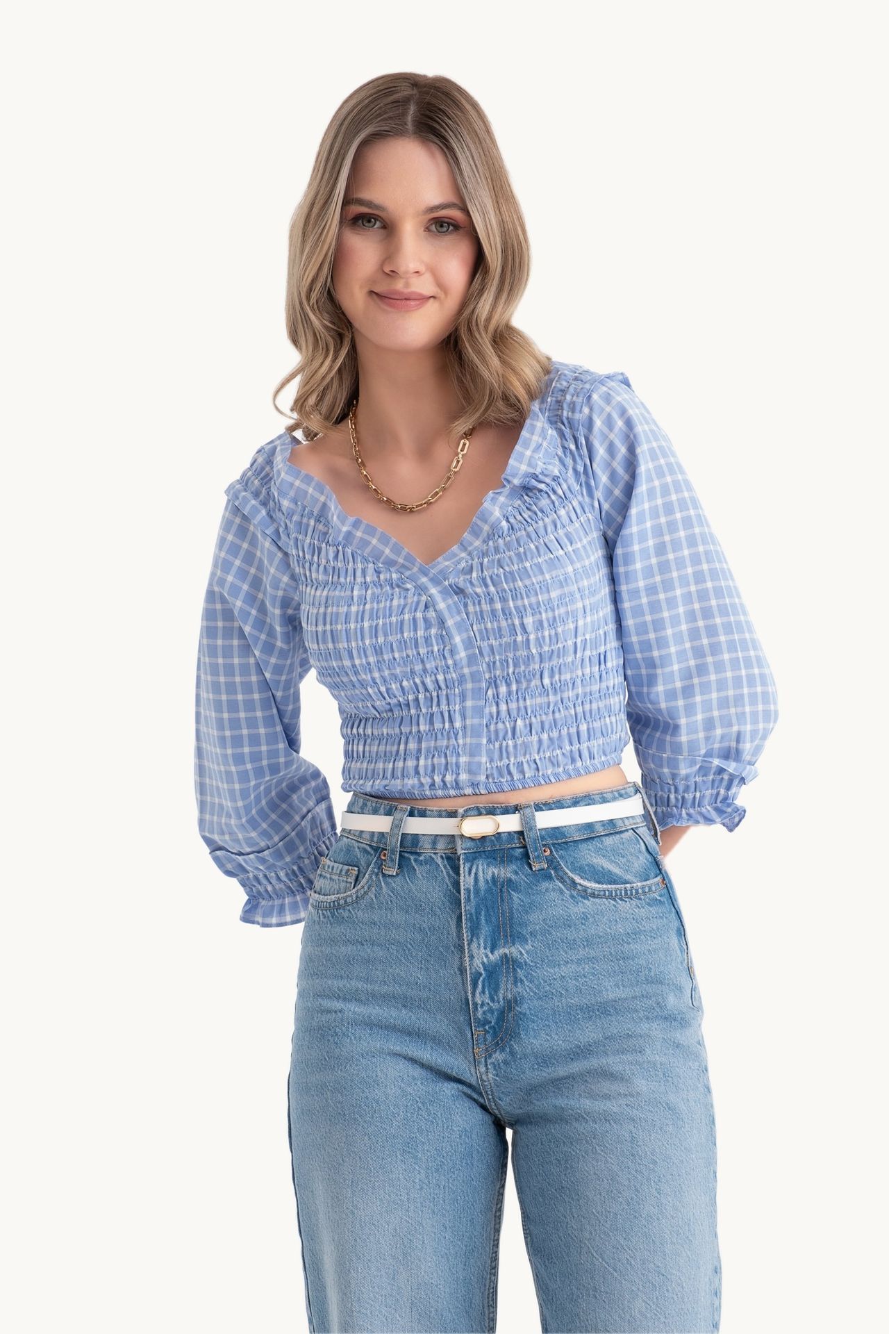 Checked V Neck Smocked Long Sleeve Top