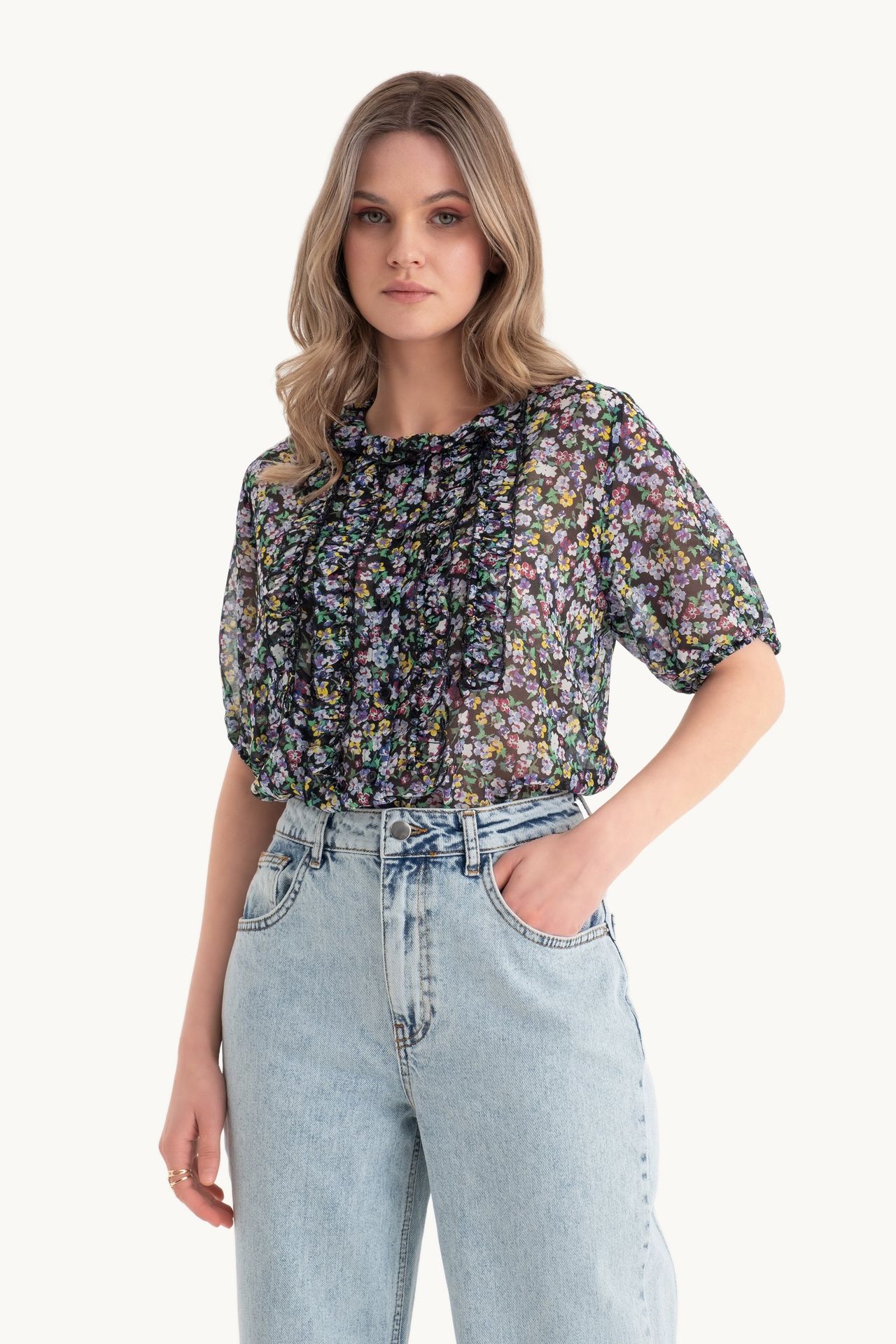 Floral High Neck Semi-sheer Blouse