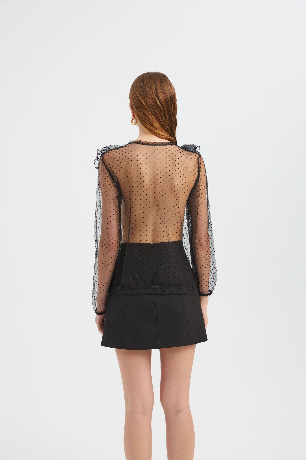 Polka Dot Round Neck Mesh Ruffled Long Sleeve Blouse