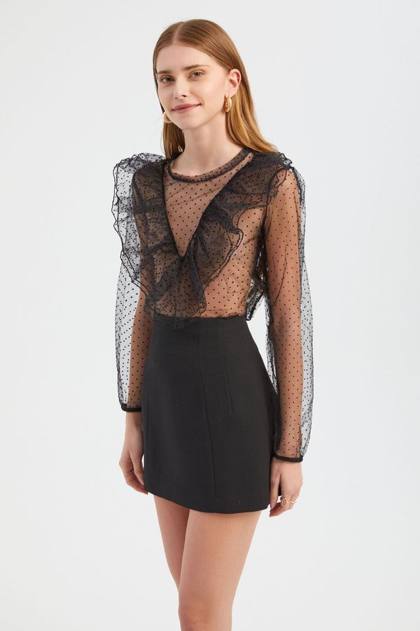Polka Dot Round Neck Mesh Ruffled Long Sleeve Blouse 2