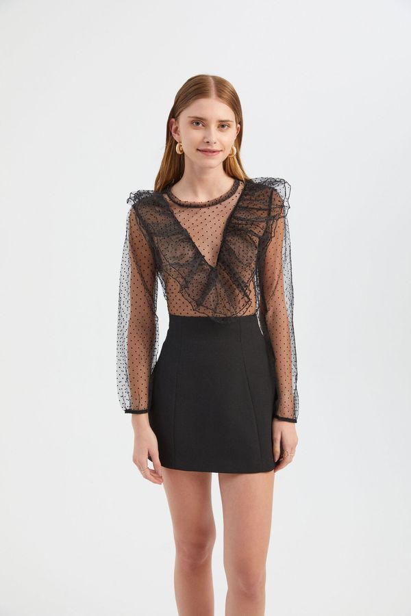 Polka Dot Round Neck Mesh Ruffled Long Sleeve Blouse 3