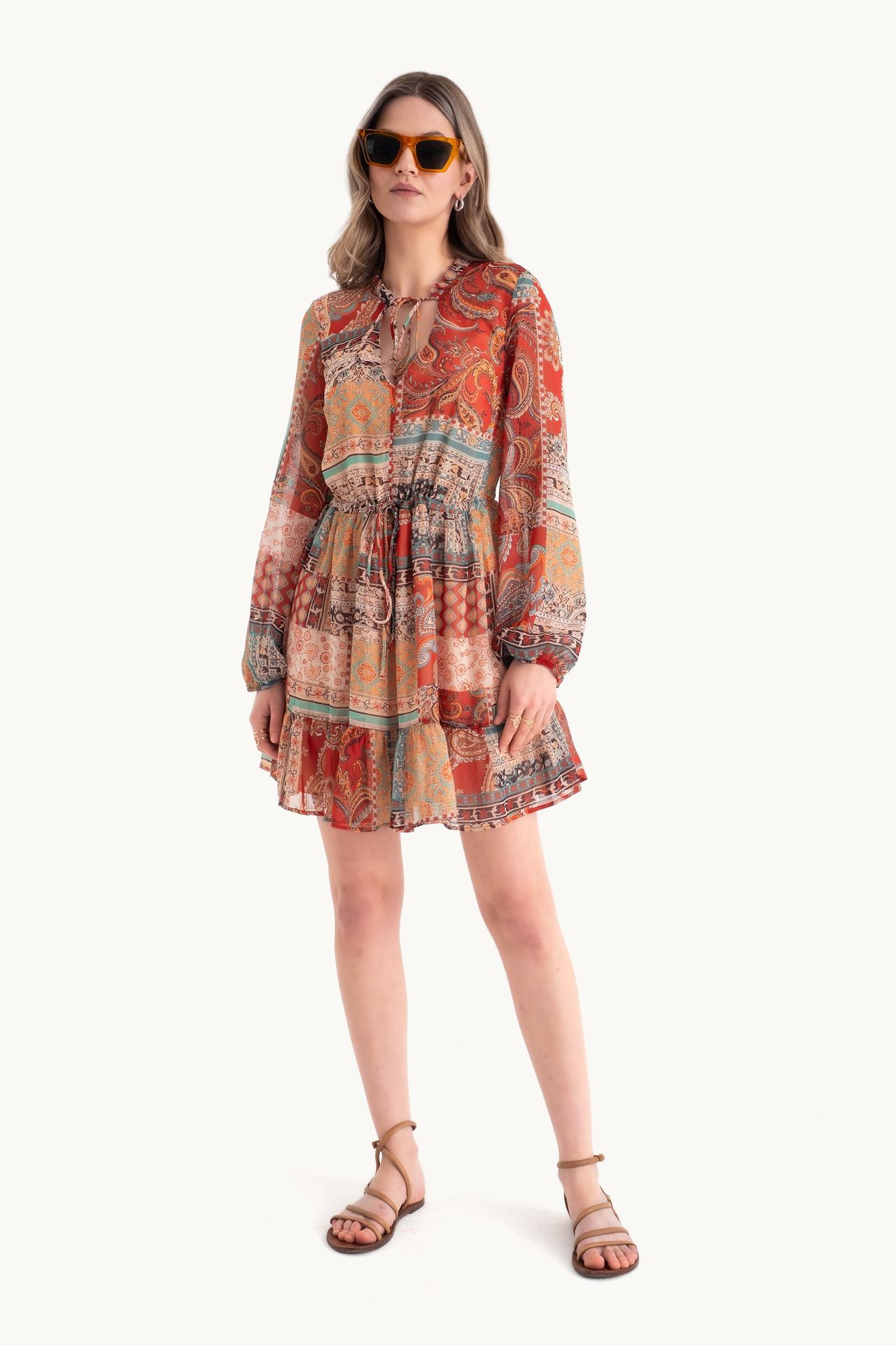 Abstract V Neck Drawstring Mini Boho Dress
