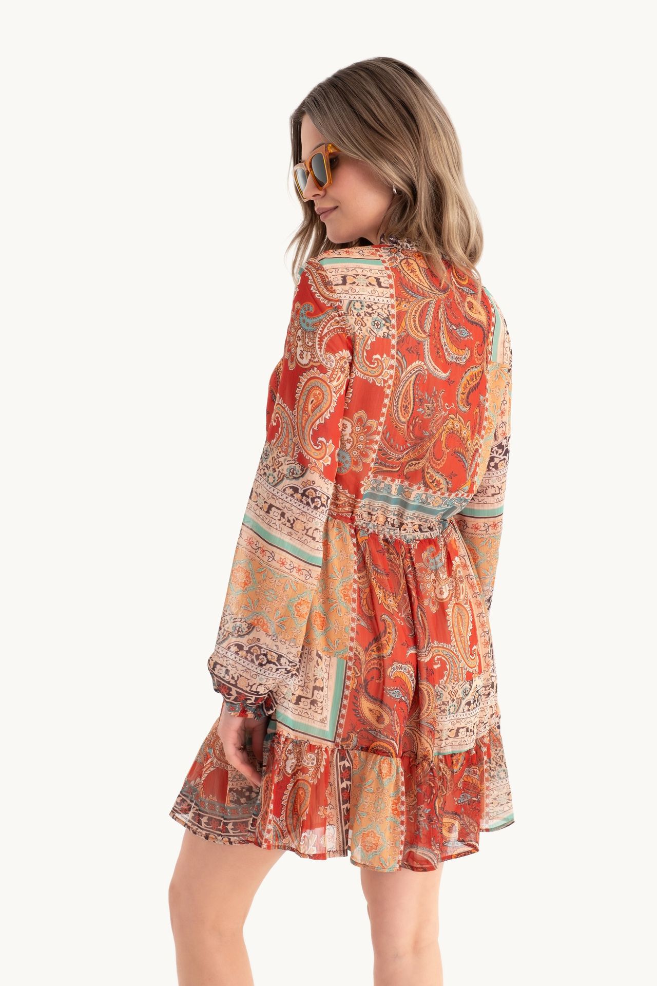 Abstract V Neck Drawstring Mini Boho Dress