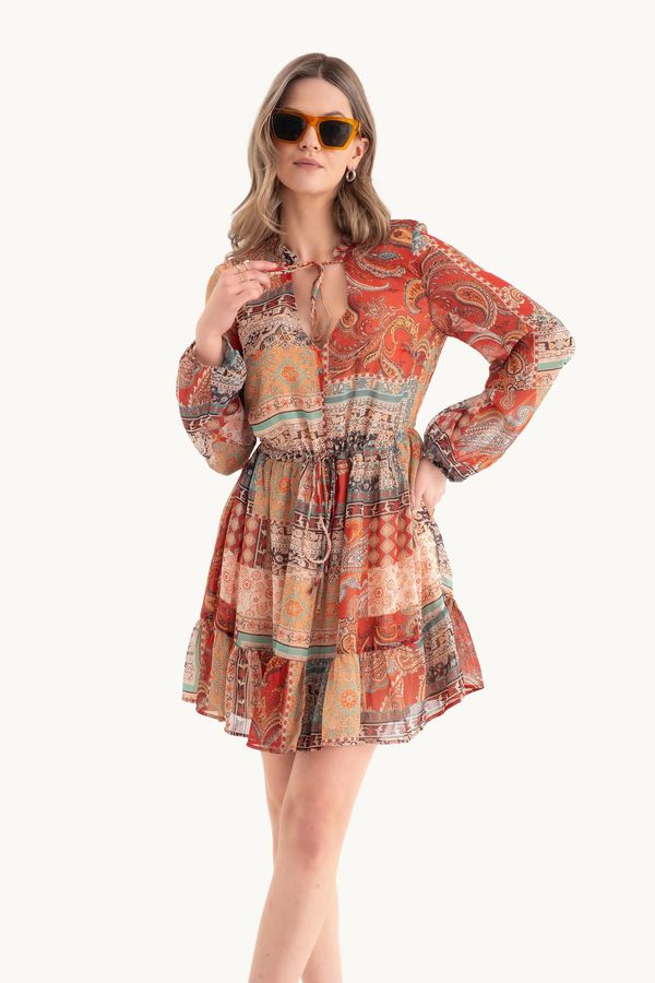 Abstract V Neck Drawstring Mini Boho Dress 2