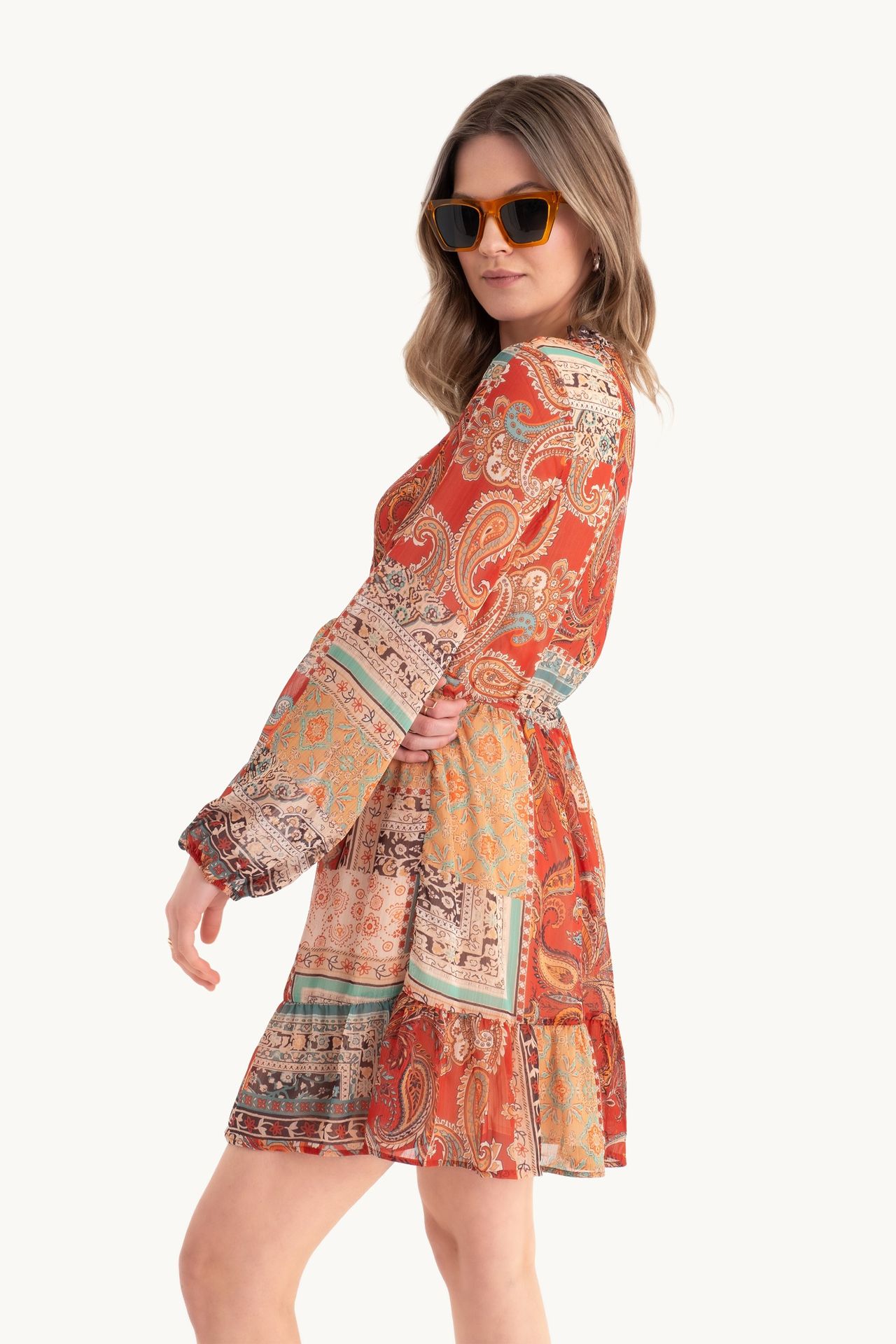 Abstract V Neck Drawstring Mini Boho Dress
