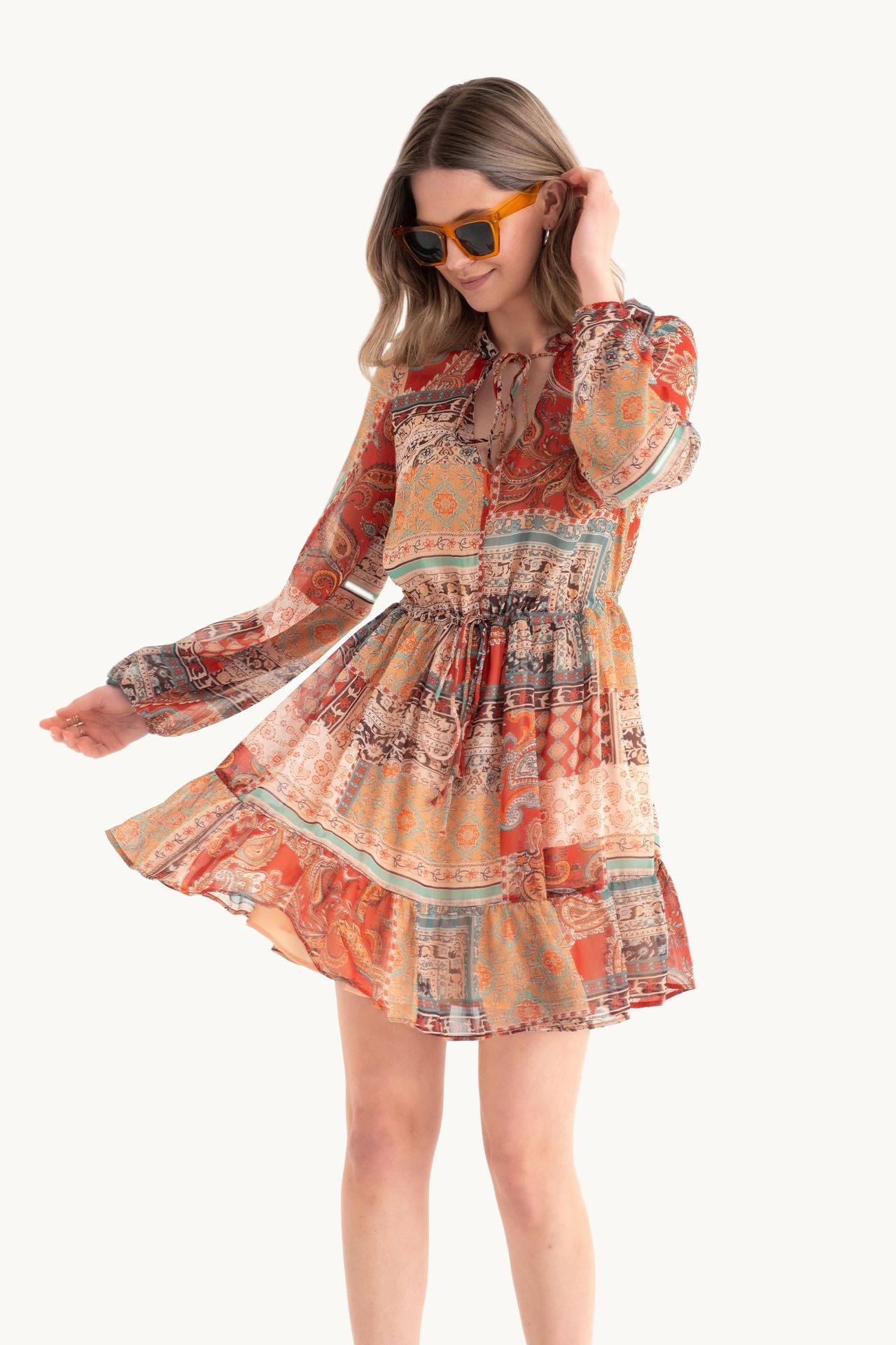 Abstract V Neck Drawstring Mini Boho Dress