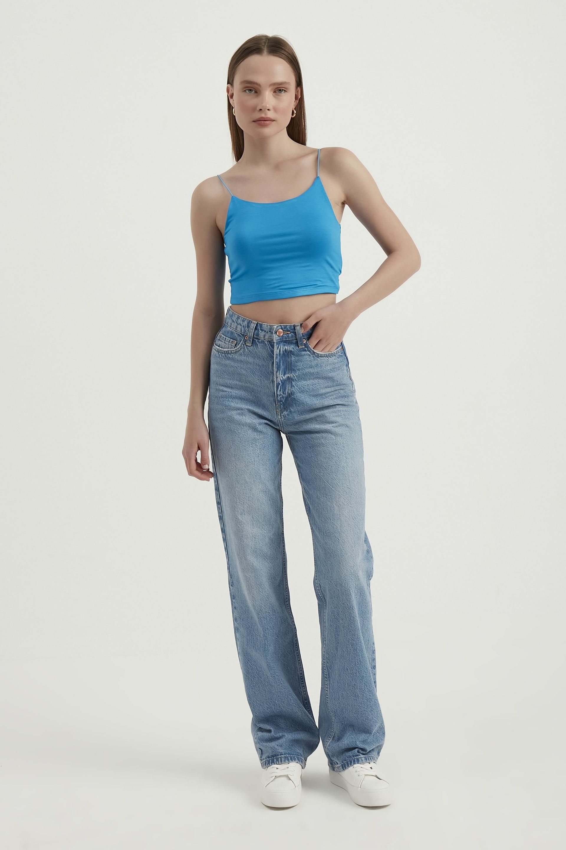 Blue Spaghetti Strap Basic Cropped Cami Top Women