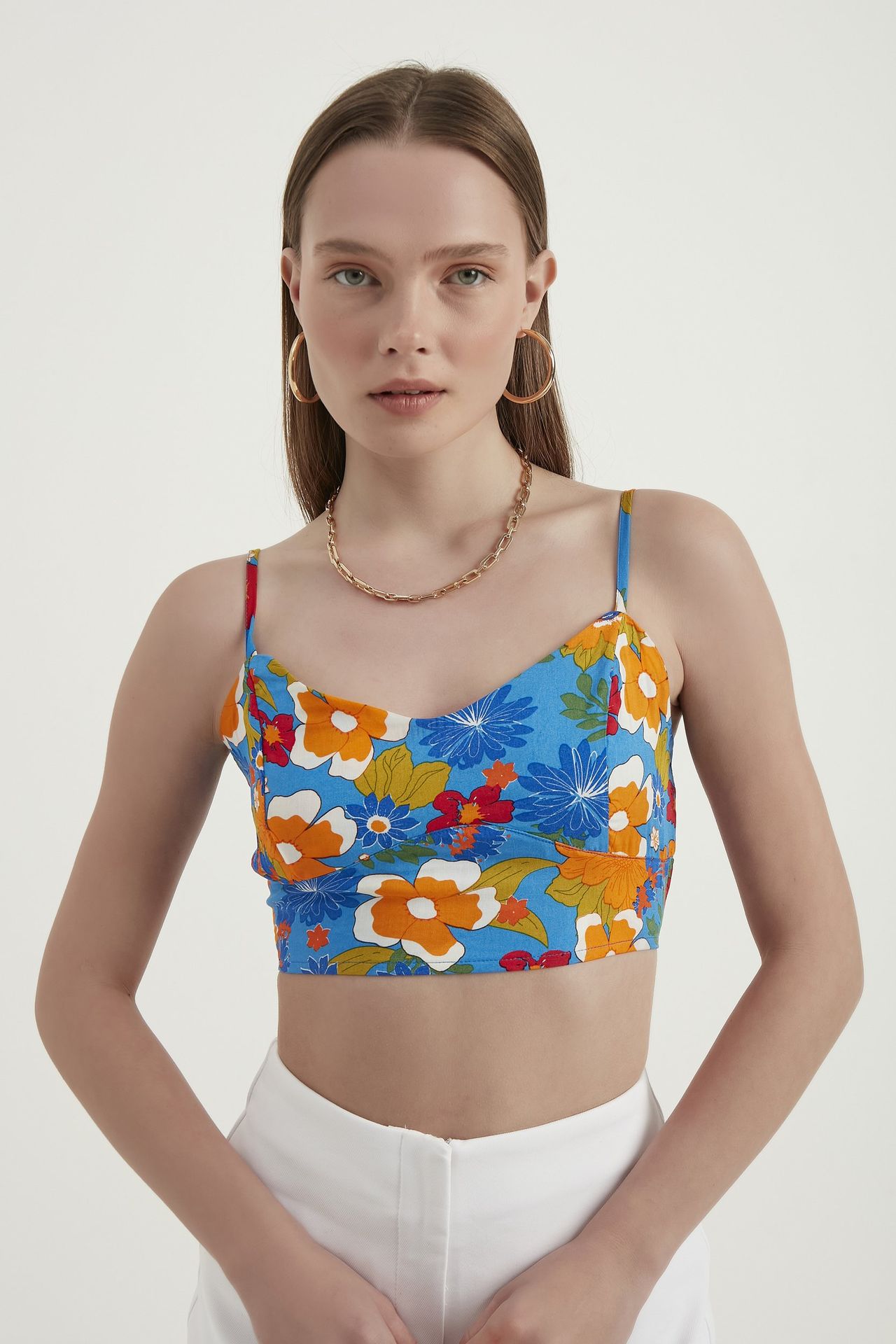 Floral Sweetheart Neck Sleeveless Crop Top