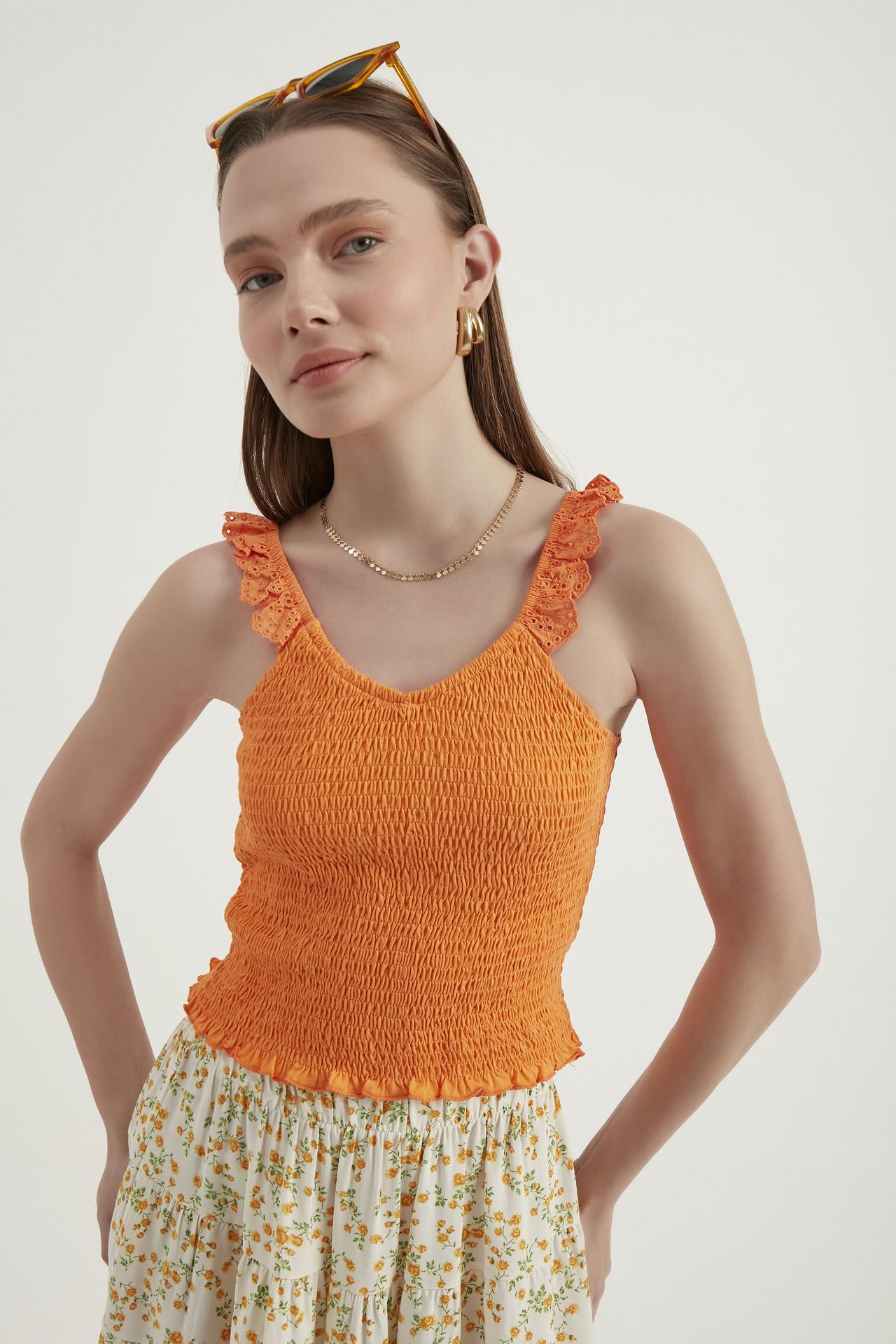 V Neck Smocked Cropped Top