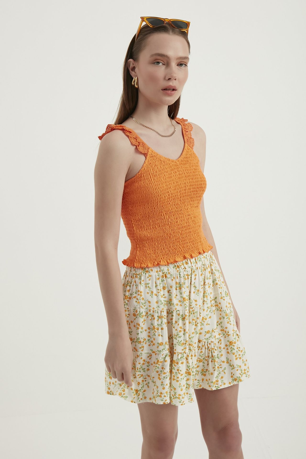 V Neck Smocked Cropped Top