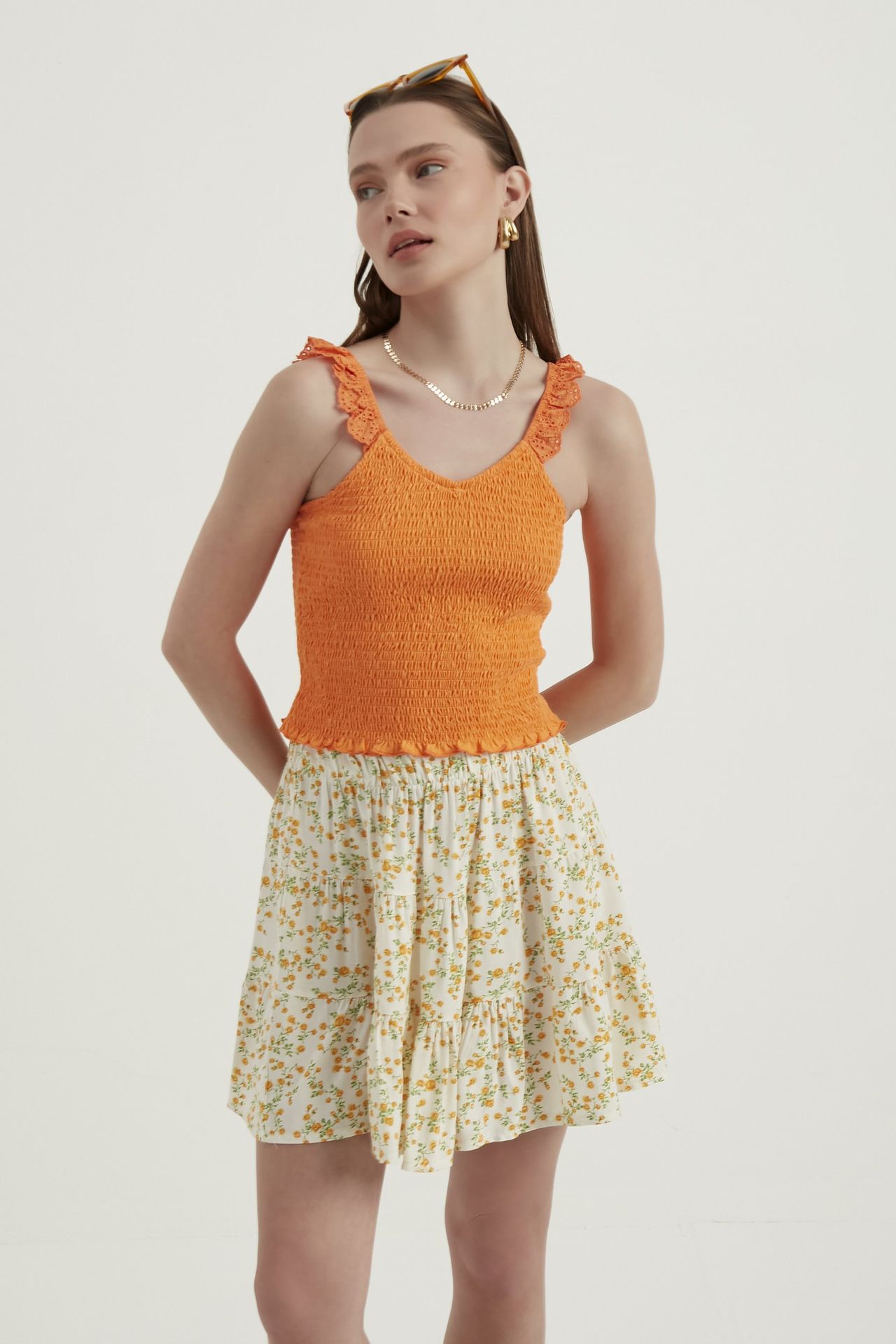 V Neck Smocked Cropped Top