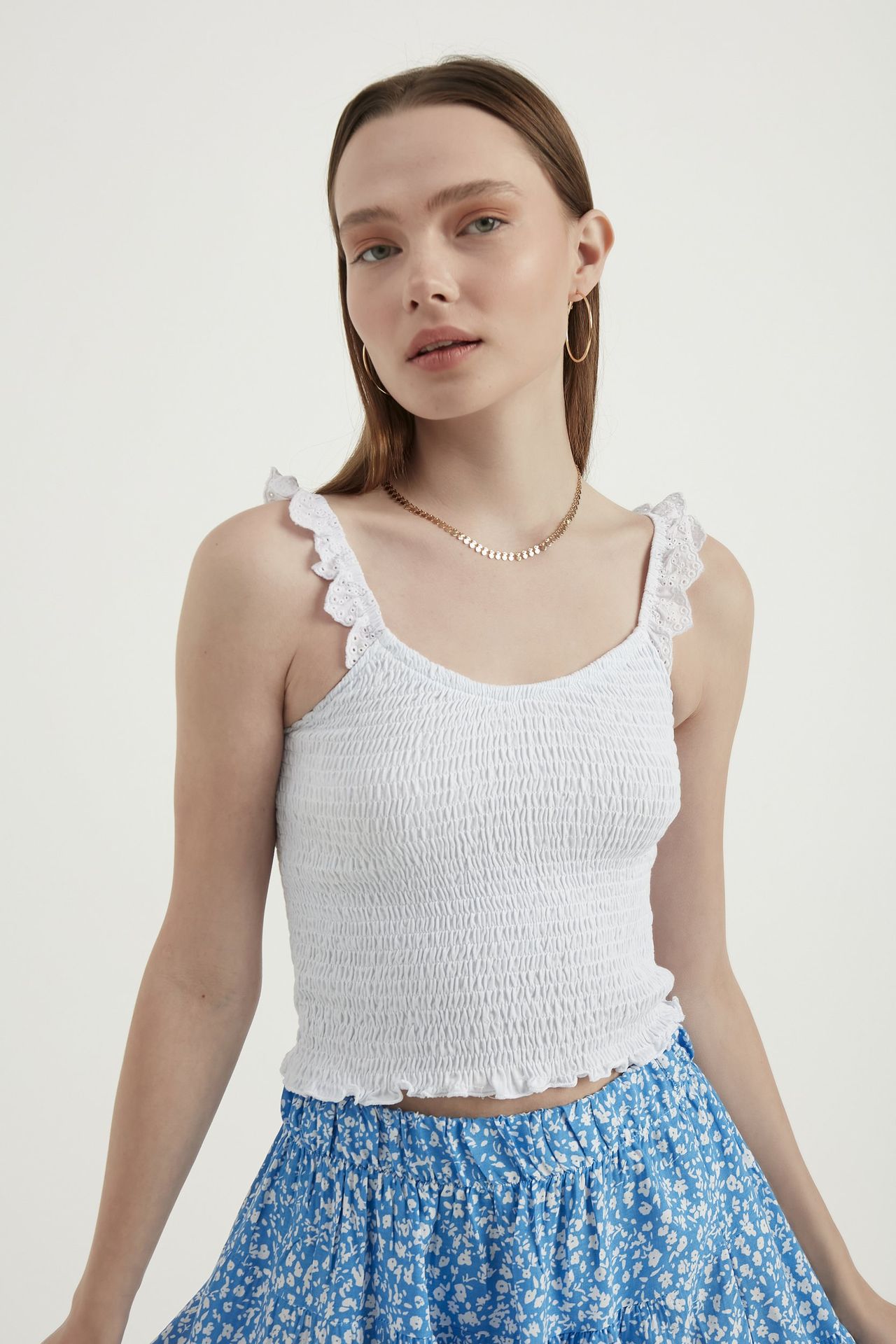 V Neck Smocked Cropped Top