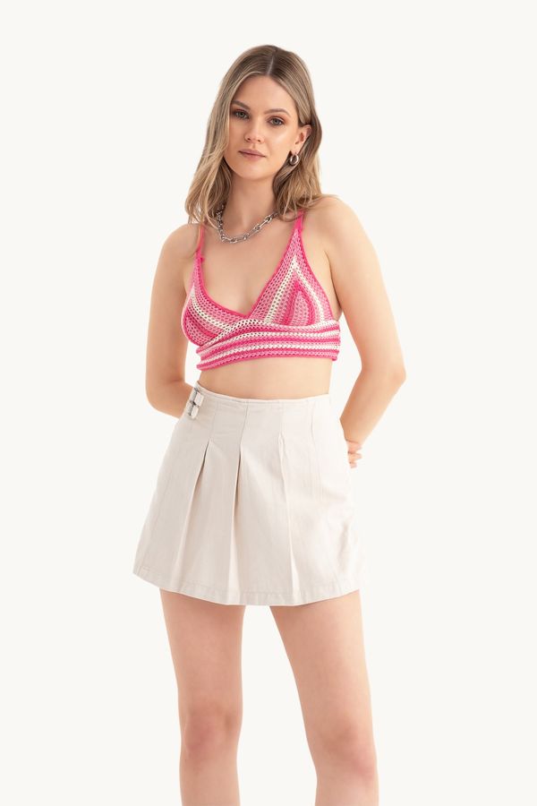 Striped V Neck Knitted Crochet Crop Top 1
