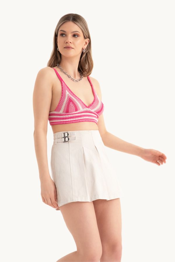 Striped V Neck Knitted Crochet Crop Top 2