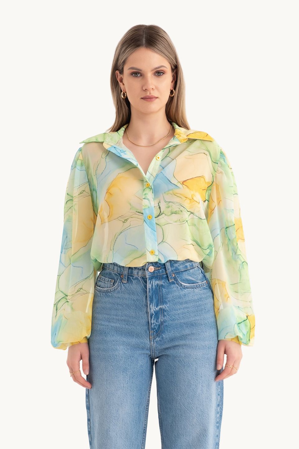 Abstract Chiffon Loose Sleeves Relaxed Shirt