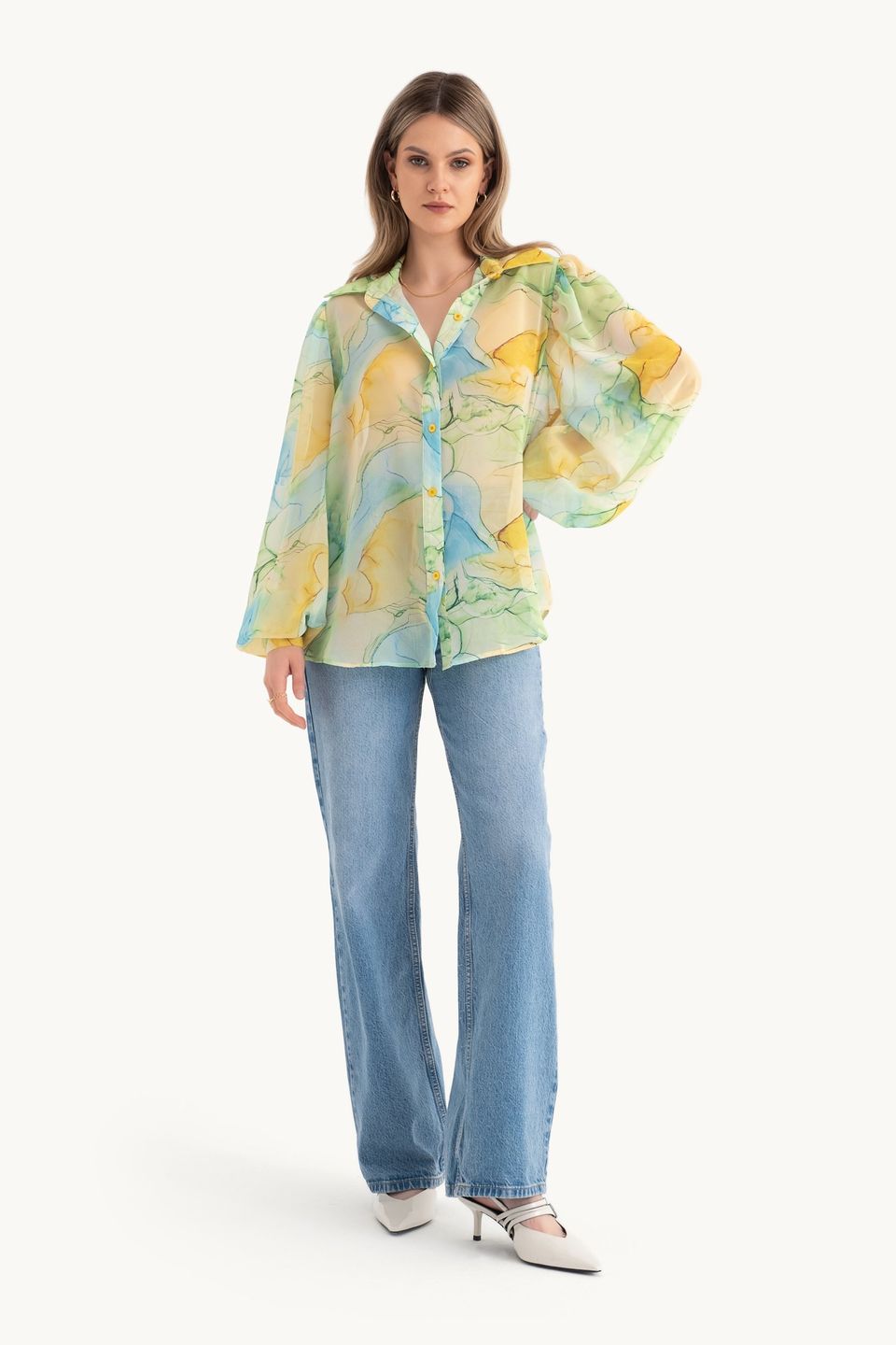 Abstract Chiffon Loose Sleeves Relaxed Shirt