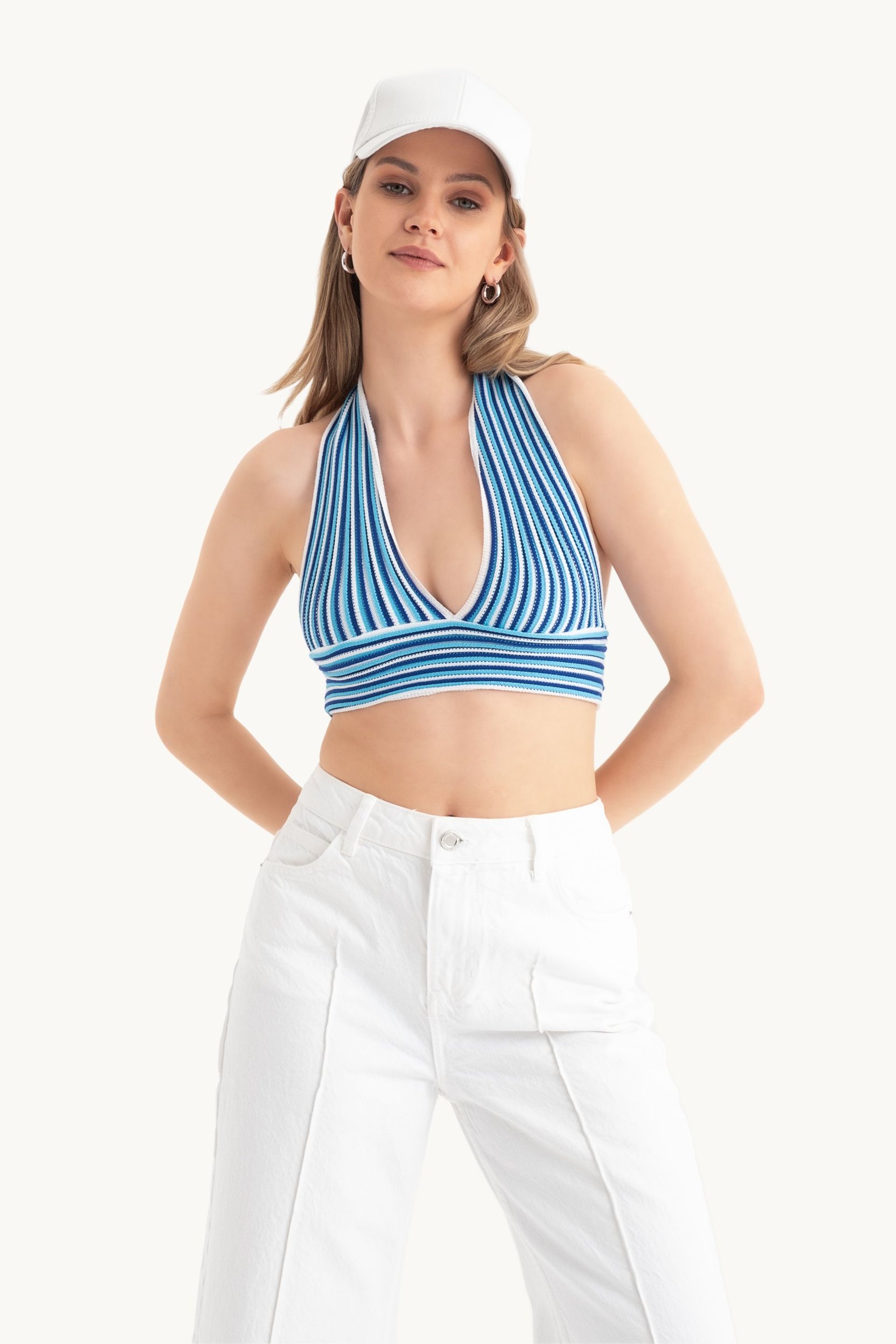 Blue Striped Deep V Neck Halter Backless Crop Top Women