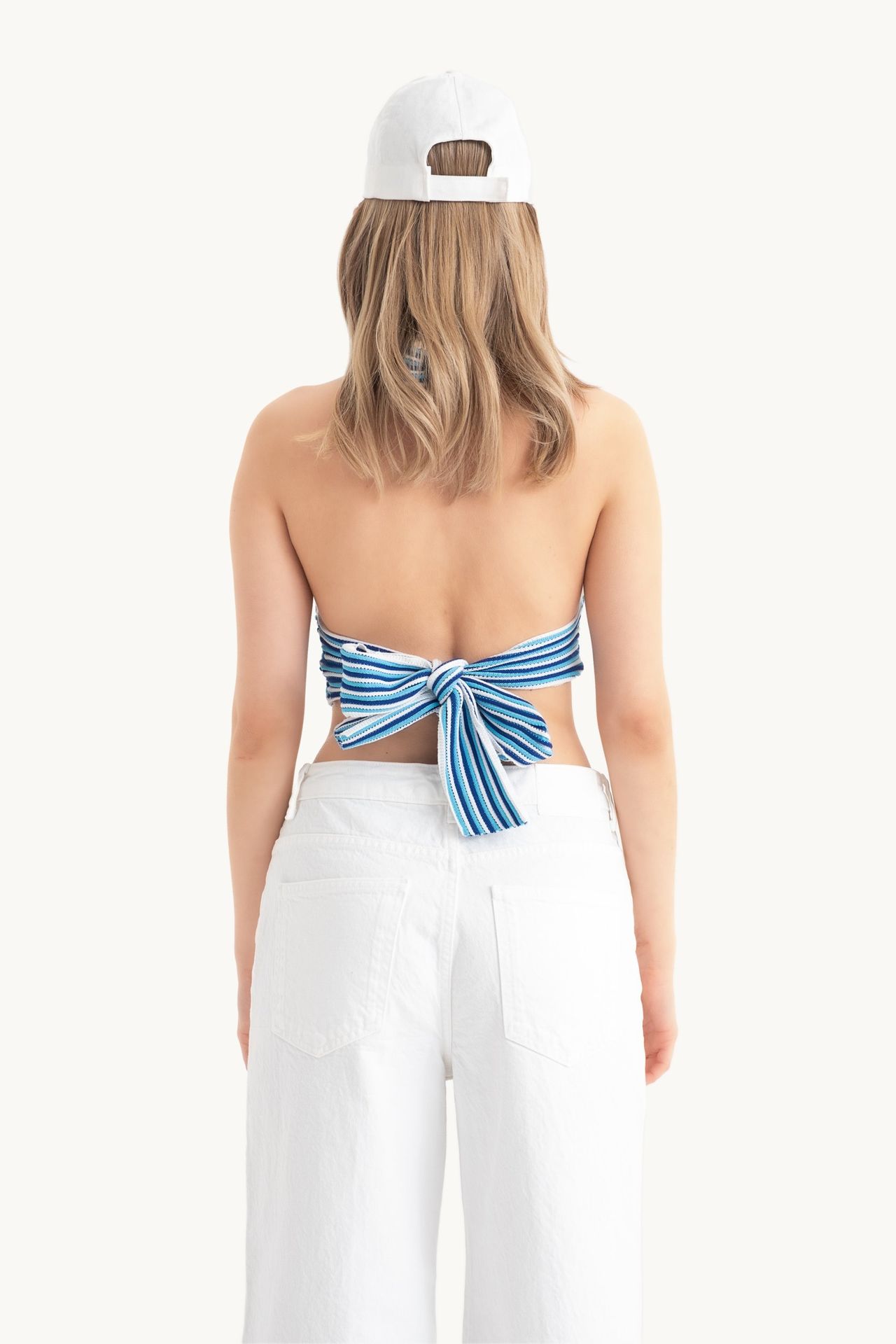 Striped Deep V Neck Halter Backless Crop Top