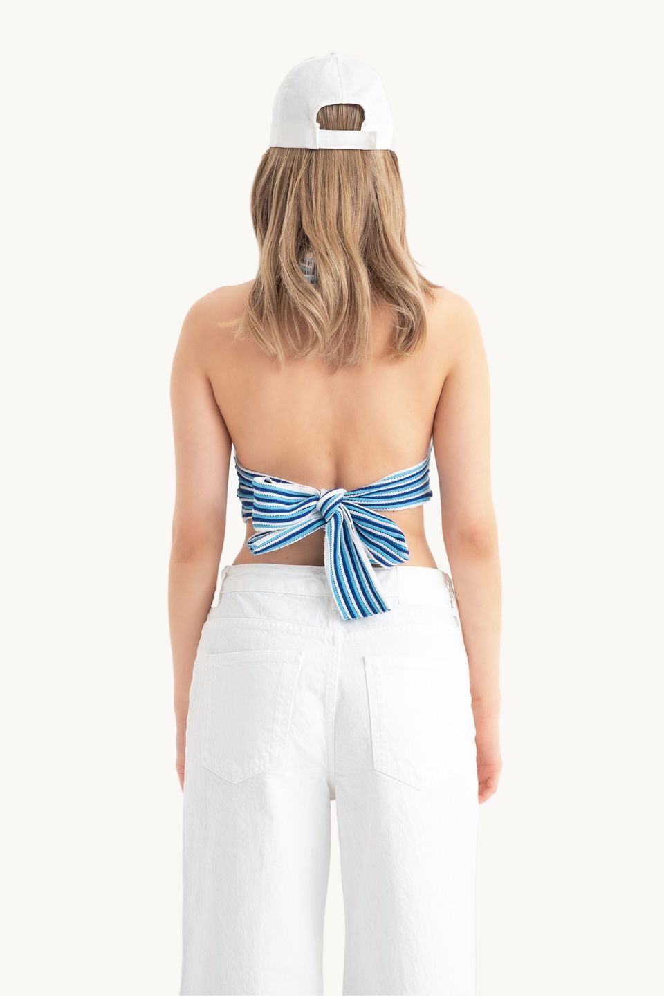 Striped Deep V Neck Halter Backless Crop Top