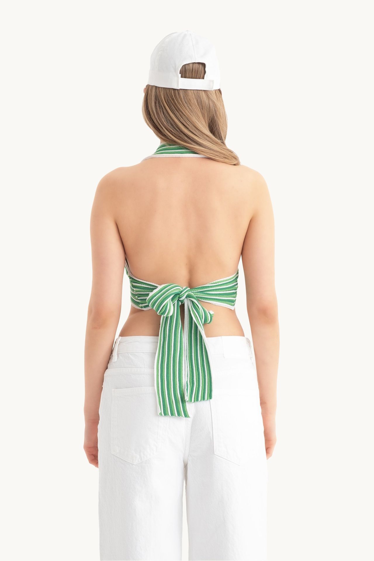 Striped Deep V Neck Halter Backless Crop Top