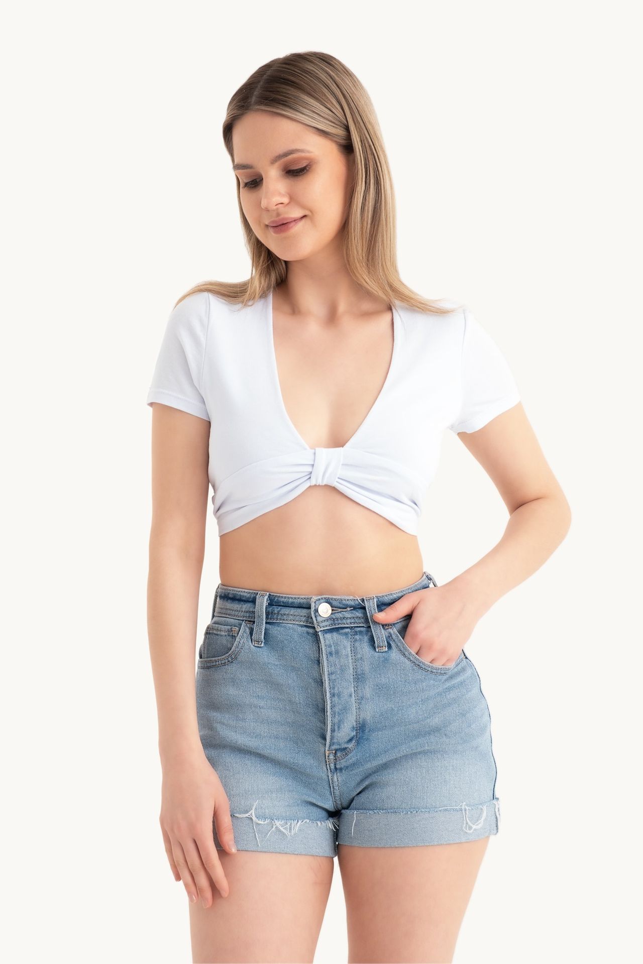 Deep V Neck Knot Front Cap Sleeve Crop Top