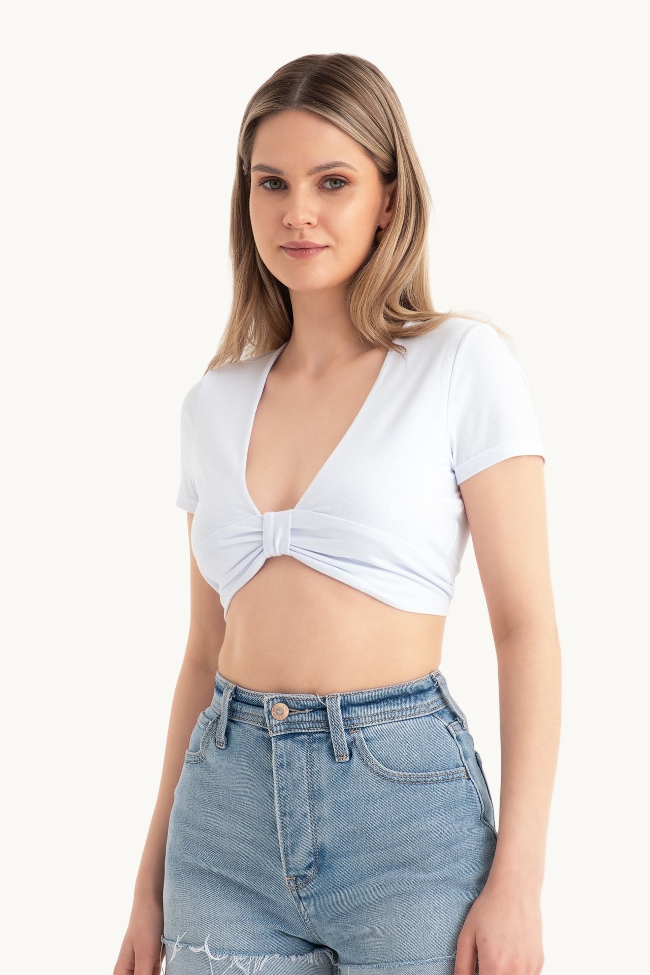 Deep V Neck Knot Front Cap Sleeve Crop Top