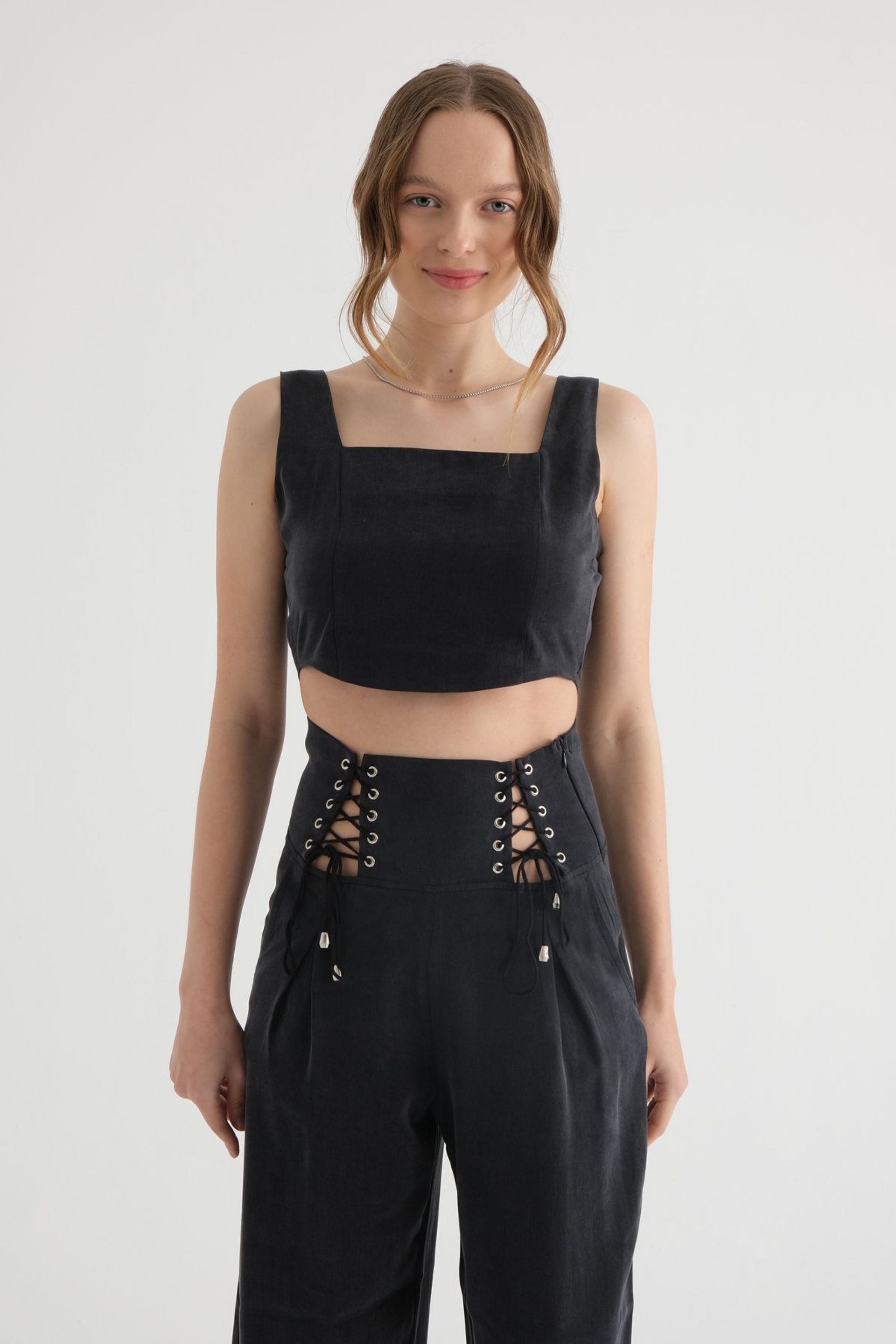 Black Square Neck Corset Crop Top Women